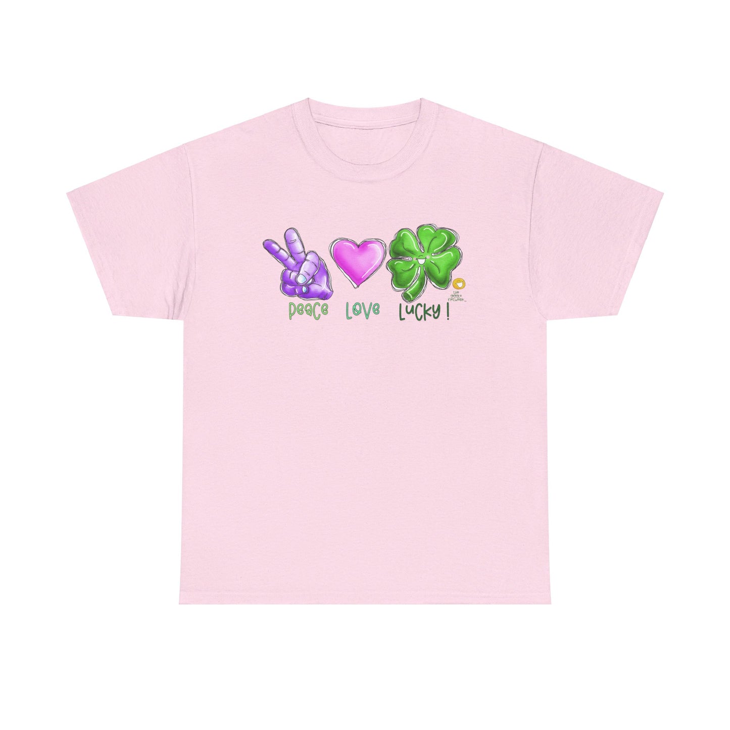 Peace Love and Lucky tshirt, Clovers, St Patricks day tshirt, Peace Love and Lucky by The Giggle Network,All images are Copyrighted by Laurie Repetto and The GIggle Network, and cannot be reproduced without written and dated permission from the artist.