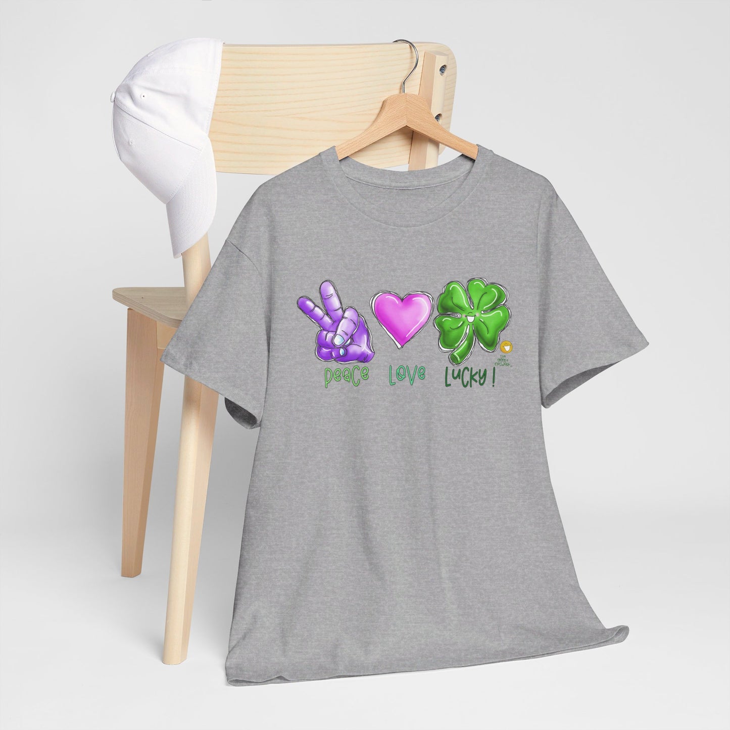 Peace Love and Lucky tshirt, Clovers, St Patricks day tshirt, Peace Love and Lucky by The Giggle Network,All images are Copyrighted by Laurie Repetto and The GIggle Network, and cannot be reproduced without written and dated permission from the artist.