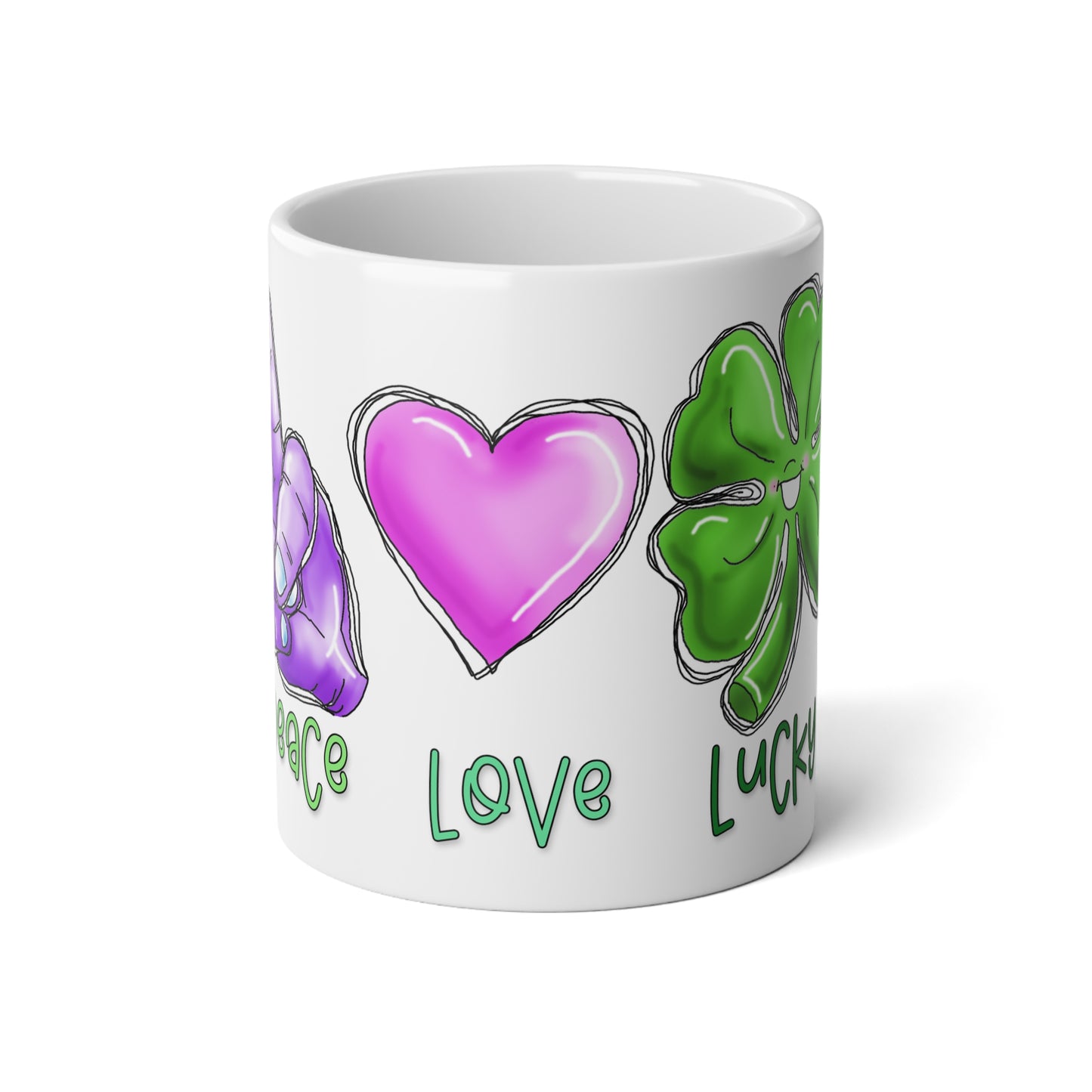 Peace Love and Lucky by The Giggle Network Jumbo Mug, 20oz, St Patrick Day Mug, Clovers Mug, Wear Green and Drink Coffee
