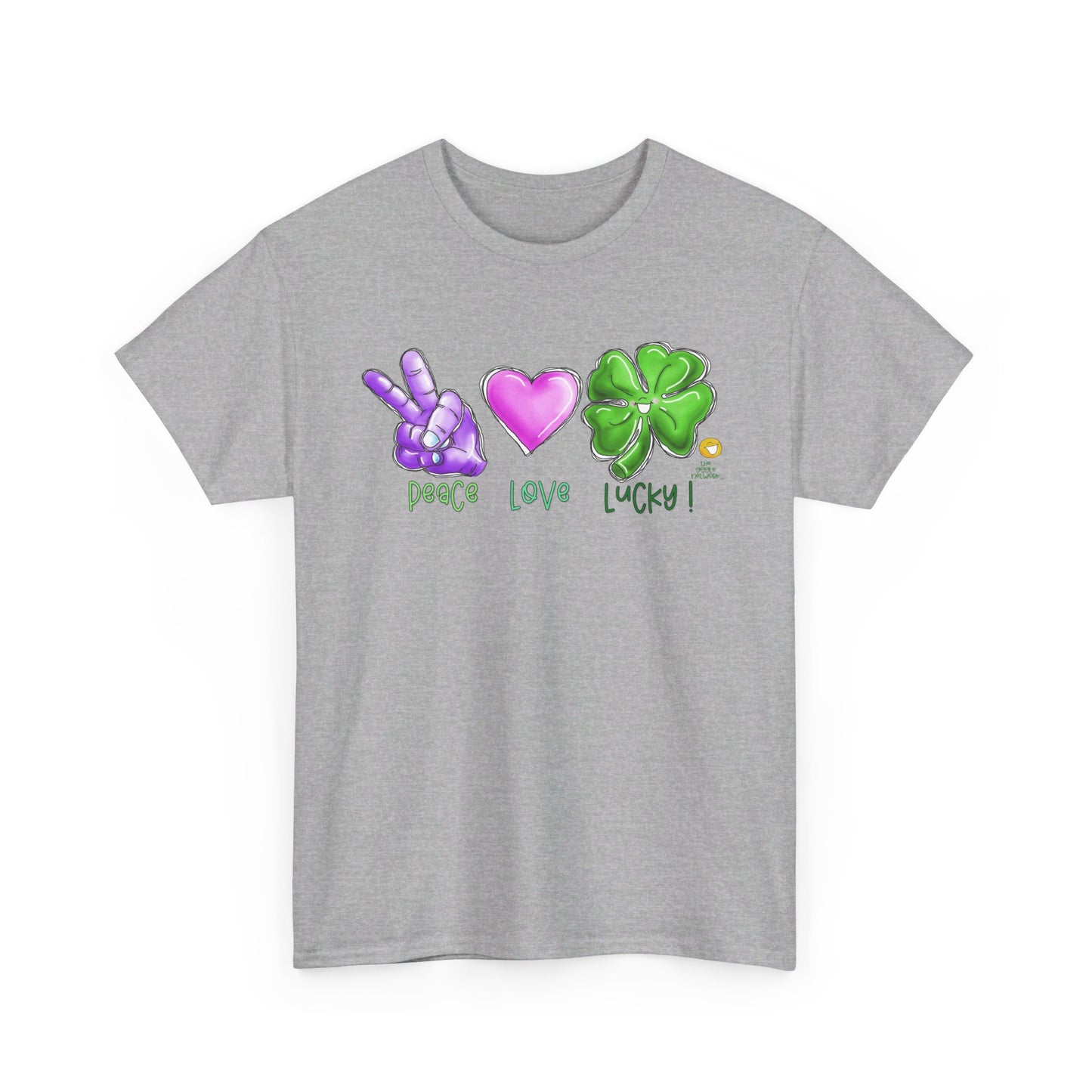 Peace Love and Lucky tshirt, Clovers, St Patricks day tshirt, Peace Love and Lucky by The Giggle Network,All images are Copyrighted by Laurie Repetto and The GIggle Network, and cannot be reproduced without written and dated permission from the artist.