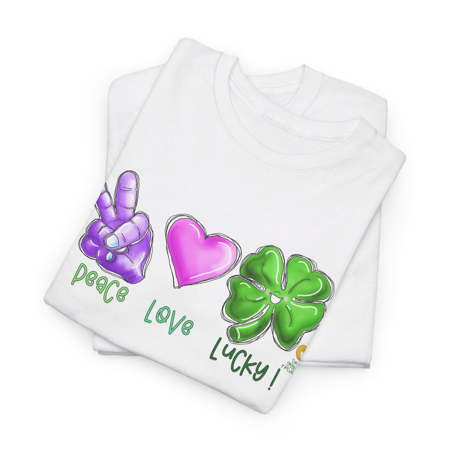 Peace Love and Lucky tshirt, Clovers, St Patricks day tshirt, Peace Love and Lucky by The Giggle Network,All images are Copyrighted by Laurie Repetto and The GIggle Network, and cannot be reproduced without written and dated permission from the artist.