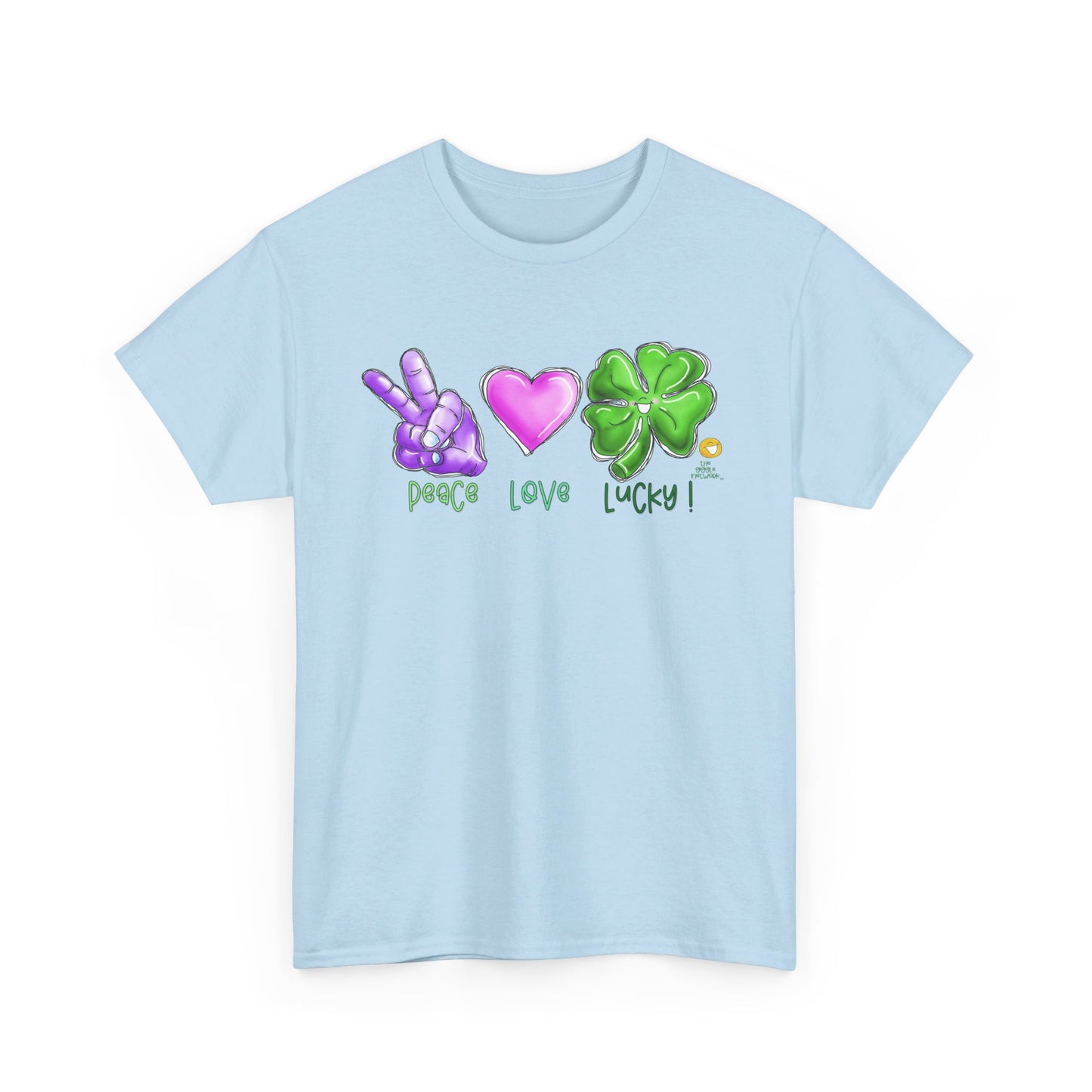 Peace Love and Lucky tshirt, Clovers, St Patricks day tshirt, Peace Love and Lucky by The Giggle Network,All images are Copyrighted by Laurie Repetto and The GIggle Network, and cannot be reproduced without written and dated permission from the artist.
