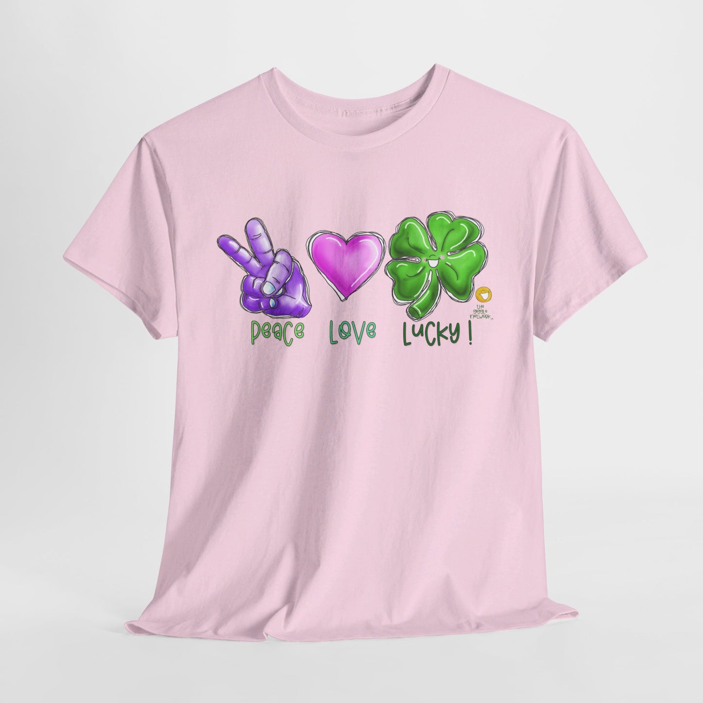 Peace Love and Lucky tshirt, Clovers, St Patricks day tshirt, Peace Love and Lucky by The Giggle Network,All images are Copyrighted by Laurie Repetto and The GIggle Network, and cannot be reproduced without written and dated permission from the artist.