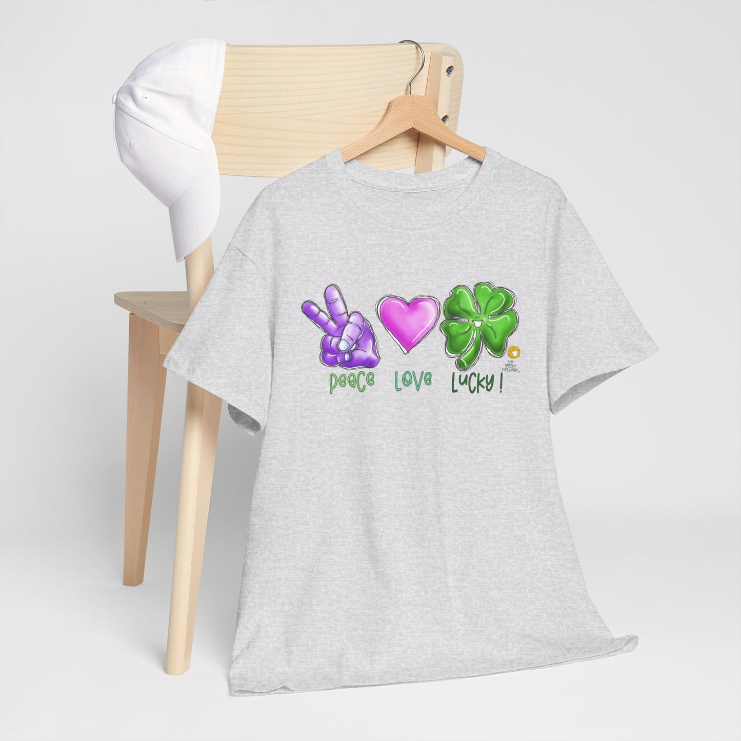 Peace Love and Lucky tshirt, Clovers, St Patricks day tshirt, Peace Love and Lucky by The Giggle Network,All images are Copyrighted by Laurie Repetto and The GIggle Network, and cannot be reproduced without written and dated permission from the artist.