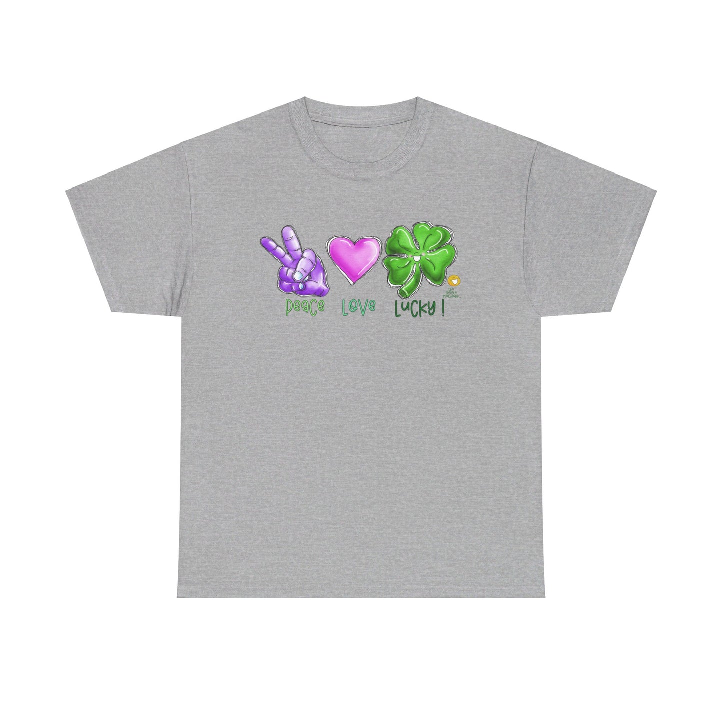 Peace Love and Lucky tshirt, Clovers, St Patricks day tshirt, Peace Love and Lucky by The Giggle Network,All images are Copyrighted by Laurie Repetto and The GIggle Network, and cannot be reproduced without written and dated permission from the artist.