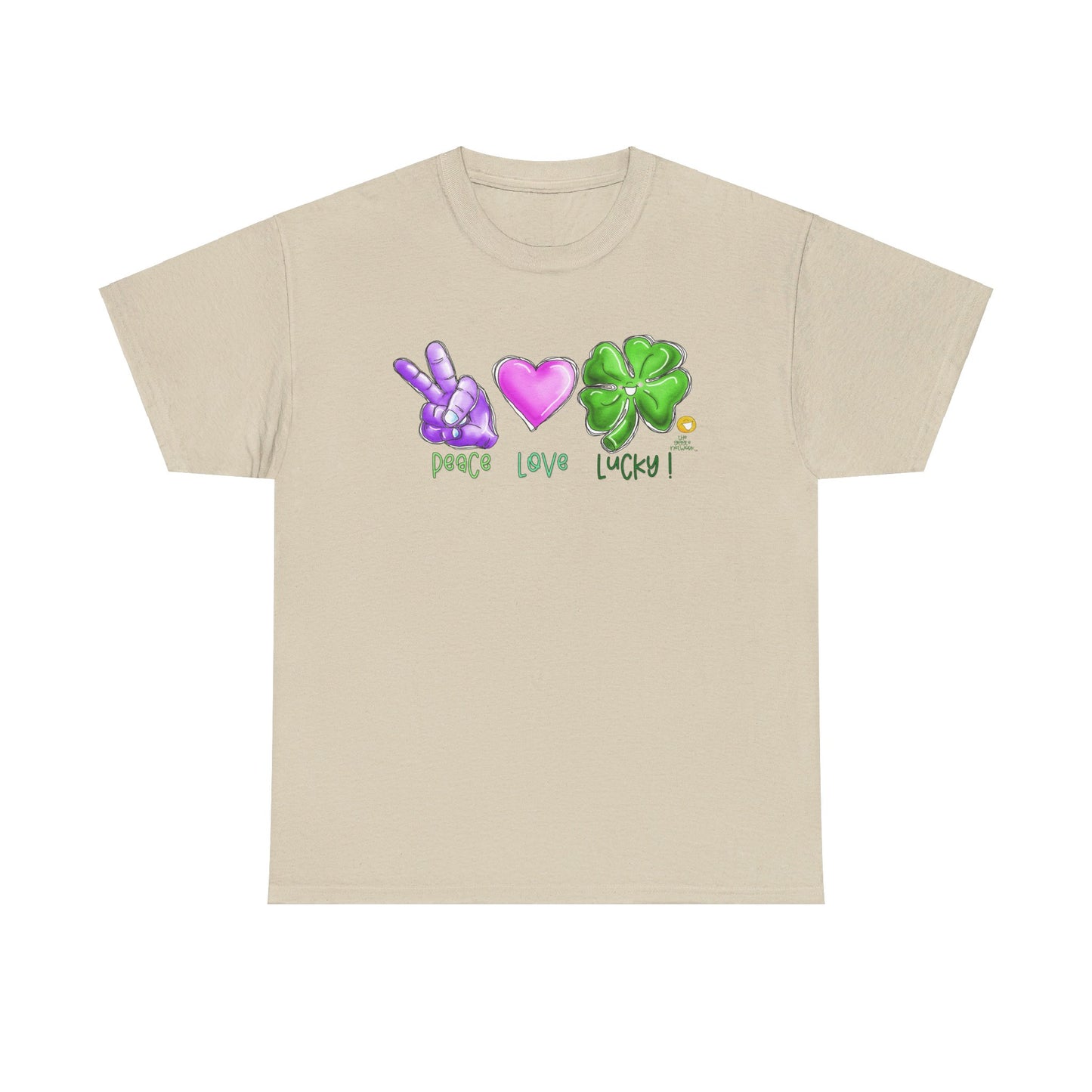 Peace Love and Lucky tshirt, Clovers, St Patricks day tshirt, Peace Love and Lucky by The Giggle Network,All images are Copyrighted by Laurie Repetto and The GIggle Network, and cannot be reproduced without written and dated permission from the artist.