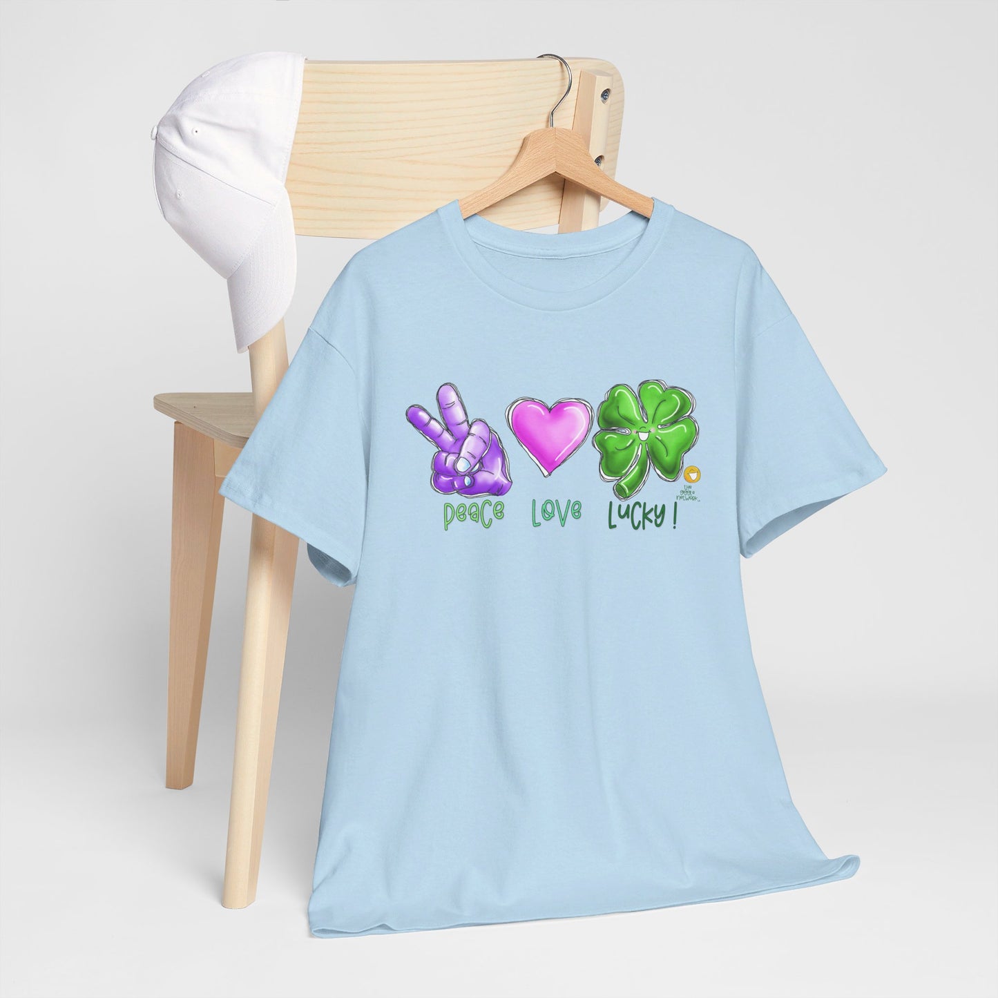 Peace Love and Lucky tshirt, Clovers, St Patricks day tshirt, Peace Love and Lucky by The Giggle Network,All images are Copyrighted by Laurie Repetto and The GIggle Network, and cannot be reproduced without written and dated permission from the artist.