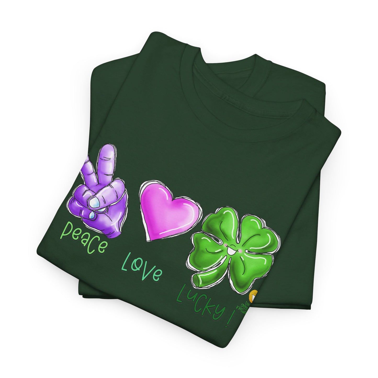 Peace Love and Lucky tshirt, Clovers, St Patricks day tshirt, Peace Love and Lucky by The Giggle Network,All images are Copyrighted by Laurie Repetto and The GIggle Network, and cannot be reproduced without written and dated permission from the artist.