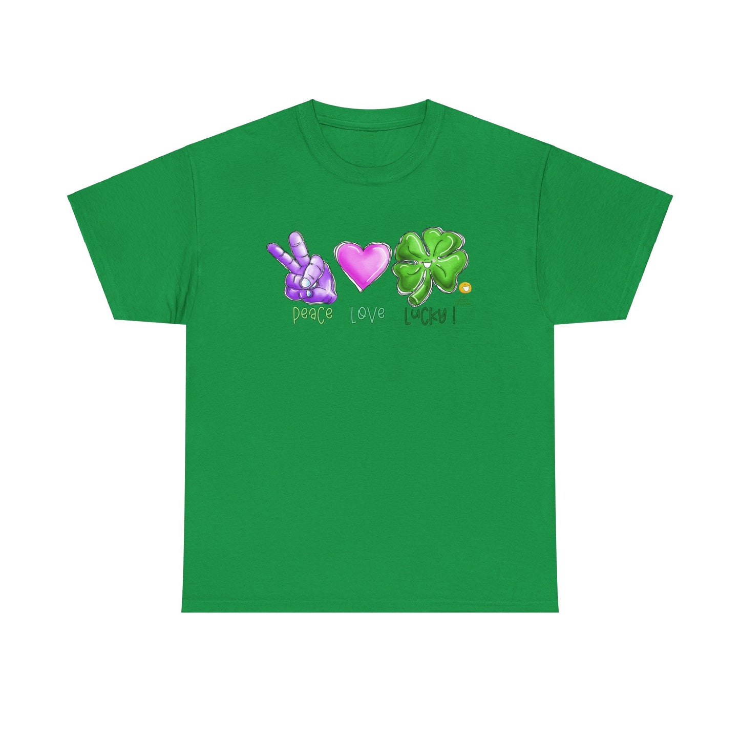 Peace Love and Lucky tshirt, Clovers, St Patricks day tshirt, Peace Love and Lucky by The Giggle Network,All images are Copyrighted by Laurie Repetto and The GIggle Network, and cannot be reproduced without written and dated permission from the artist.