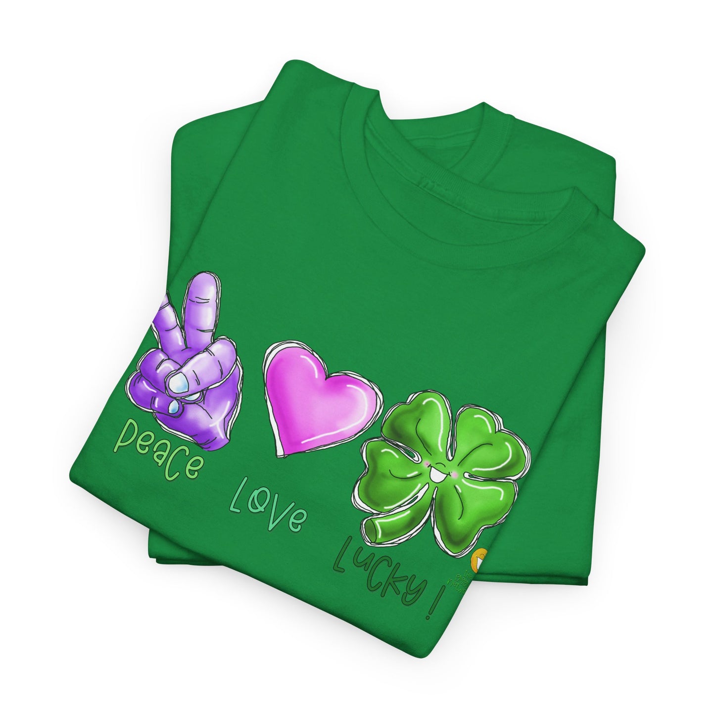 Peace Love and Lucky tshirt, Clovers, St Patricks day tshirt, Peace Love and Lucky by The Giggle Network,All images are Copyrighted by Laurie Repetto and The GIggle Network, and cannot be reproduced without written and dated permission from the artist.