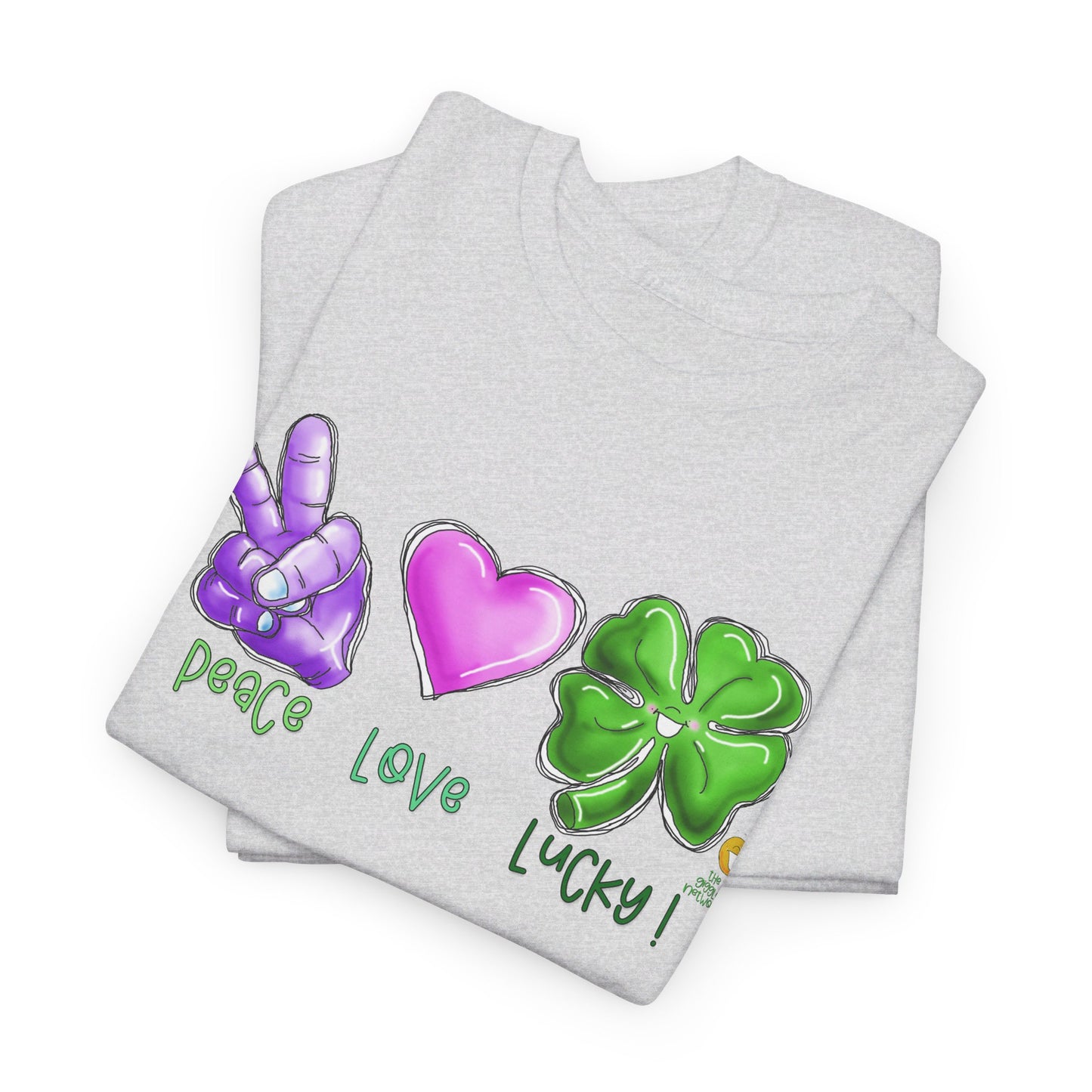 Peace Love and Lucky tshirt, Clovers, St Patricks day tshirt, Peace Love and Lucky by The Giggle Network,All images are Copyrighted by Laurie Repetto and The GIggle Network, and cannot be reproduced without written and dated permission from the artist.
