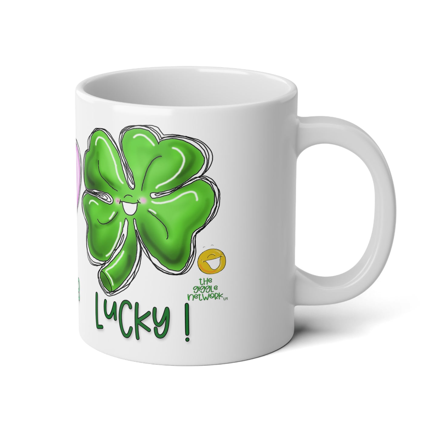 Peace Love and Lucky by The Giggle Network Jumbo Mug, 20oz, St Patrick Day Mug, Clovers Mug, Wear Green and Drink Coffee