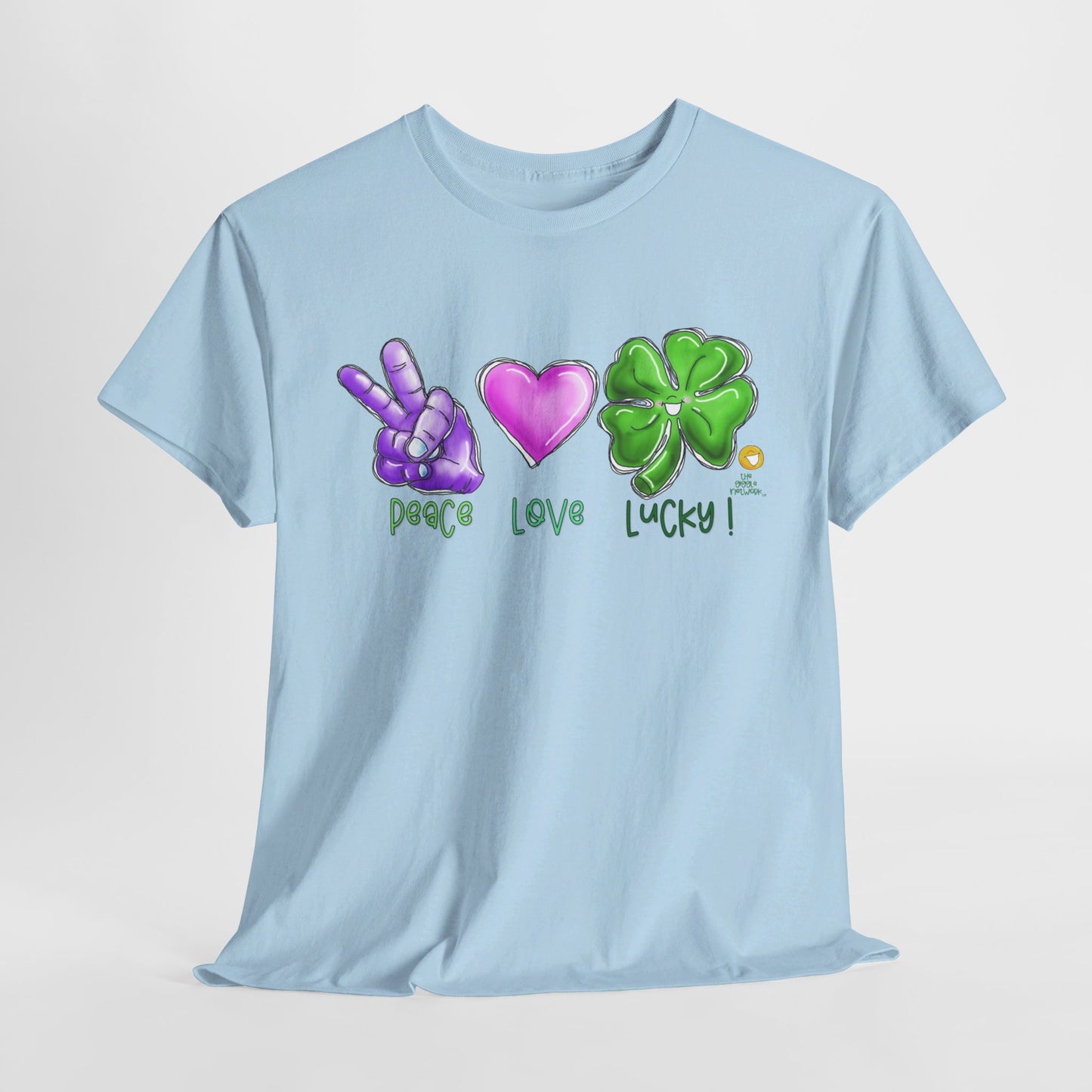 Peace Love and Lucky tshirt, Clovers, St Patricks day tshirt, Peace Love and Lucky by The Giggle Network,All images are Copyrighted by Laurie Repetto and The GIggle Network, and cannot be reproduced without written and dated permission from the artist.