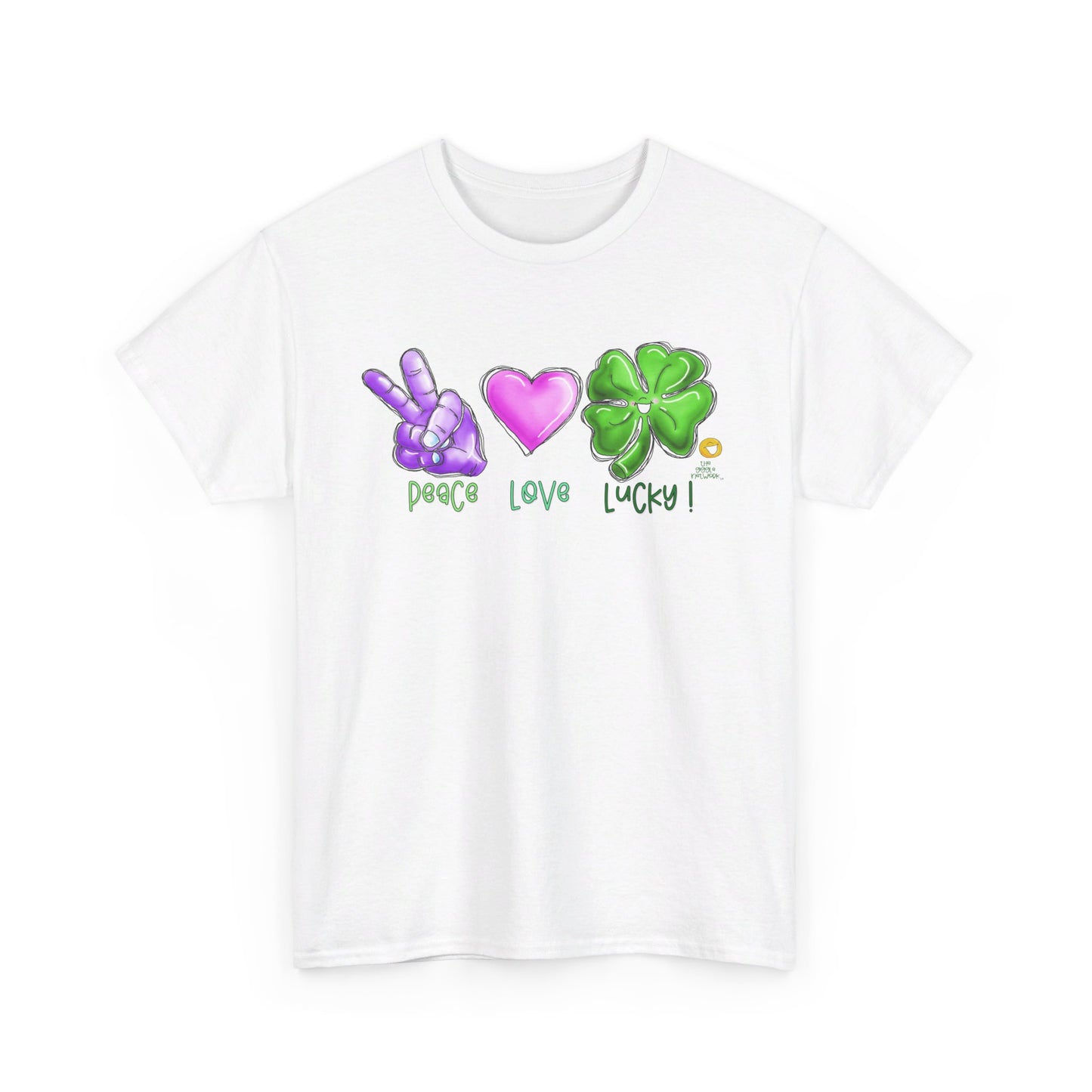 Peace Love and Lucky tshirt, Clovers, St Patricks day tshirt, Peace Love and Lucky by The Giggle Network,All images are Copyrighted by Laurie Repetto and The GIggle Network, and cannot be reproduced without written and dated permission from the artist.