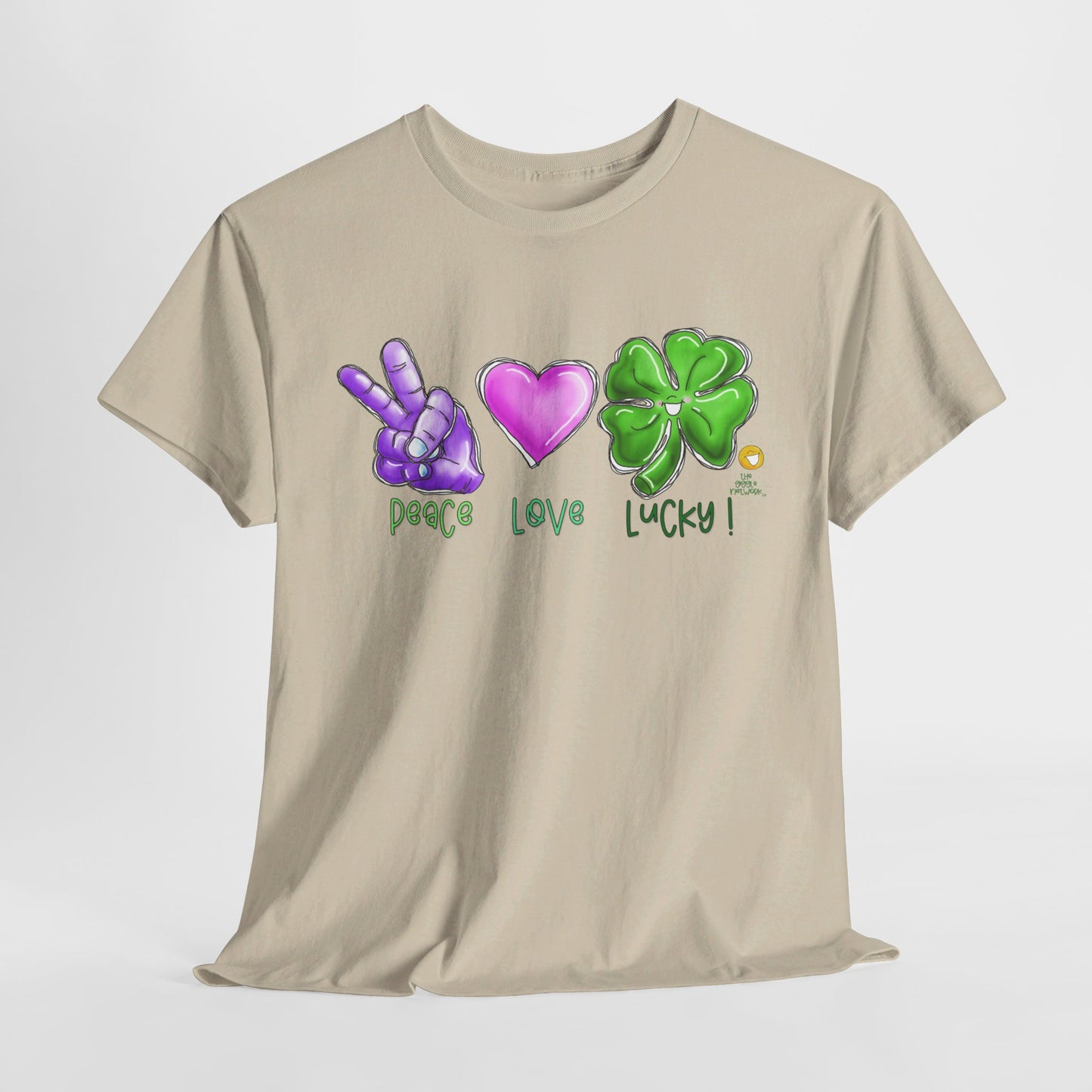 Peace Love and Lucky tshirt, Clovers, St Patricks day tshirt, Peace Love and Lucky by The Giggle Network,All images are Copyrighted by Laurie Repetto and The GIggle Network, and cannot be reproduced without written and dated permission from the artist.