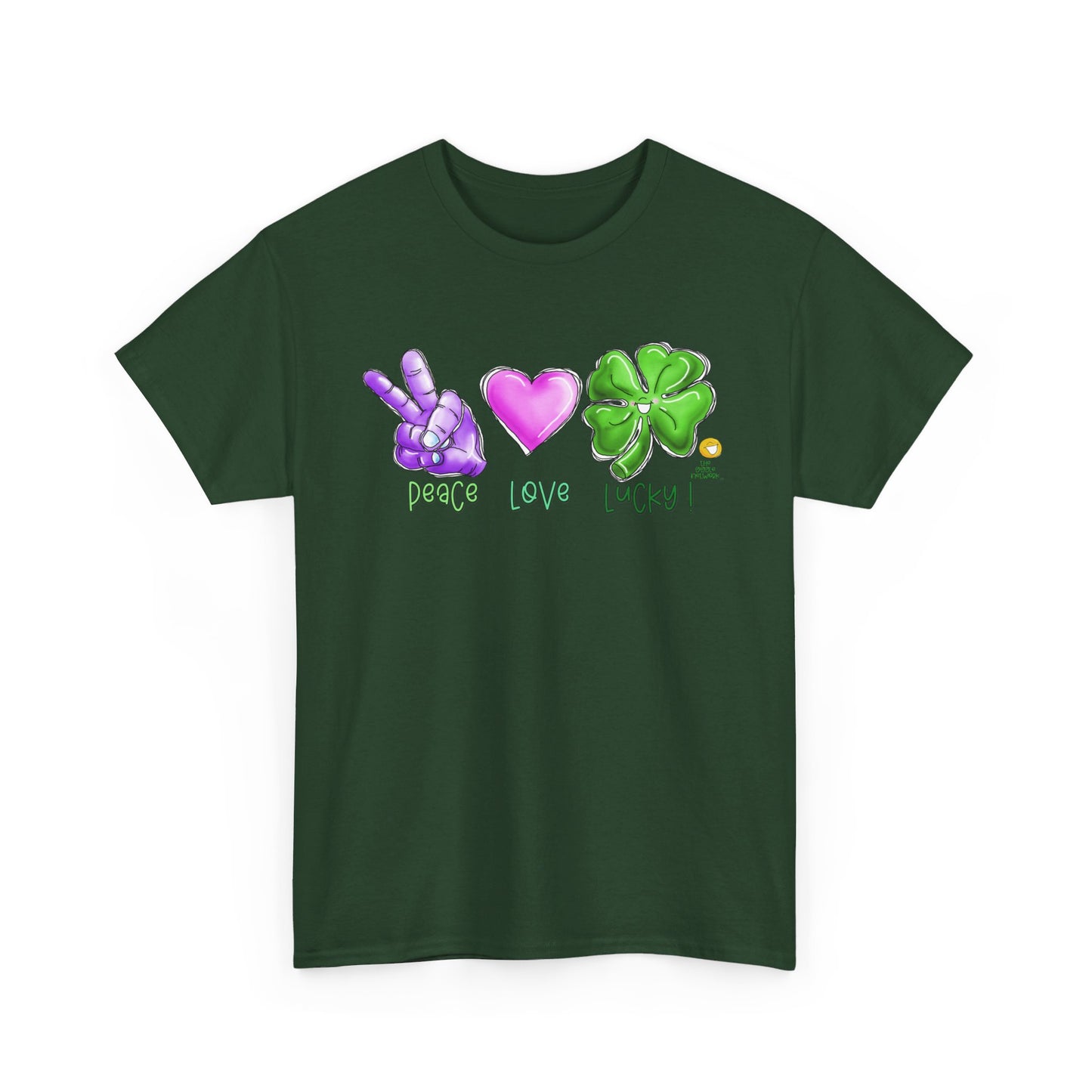 Peace Love and Lucky tshirt, Clovers, St Patricks day tshirt, Peace Love and Lucky by The Giggle Network,All images are Copyrighted by Laurie Repetto and The GIggle Network, and cannot be reproduced without written and dated permission from the artist.