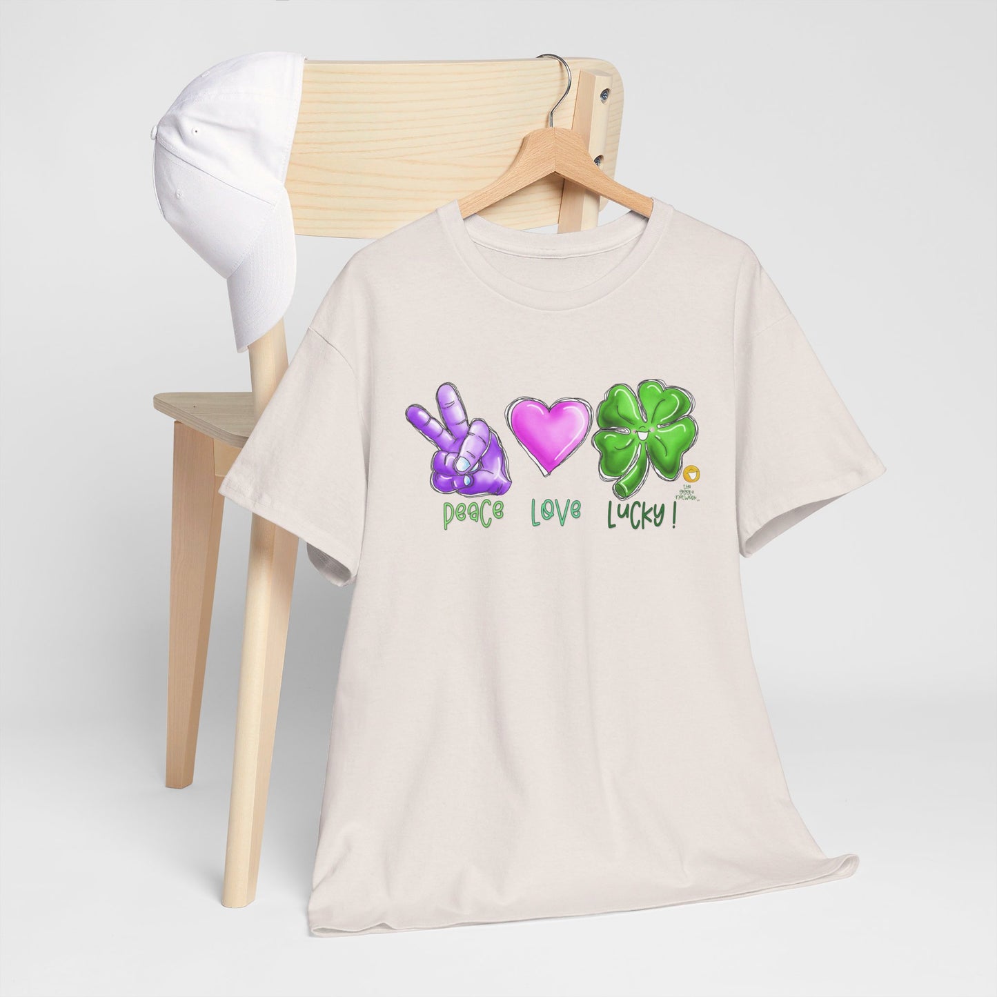 Peace Love and Lucky tshirt, Clovers, St Patricks day tshirt, Peace Love and Lucky by The Giggle Network,All images are Copyrighted by Laurie Repetto and The GIggle Network, and cannot be reproduced without written and dated permission from the artist.