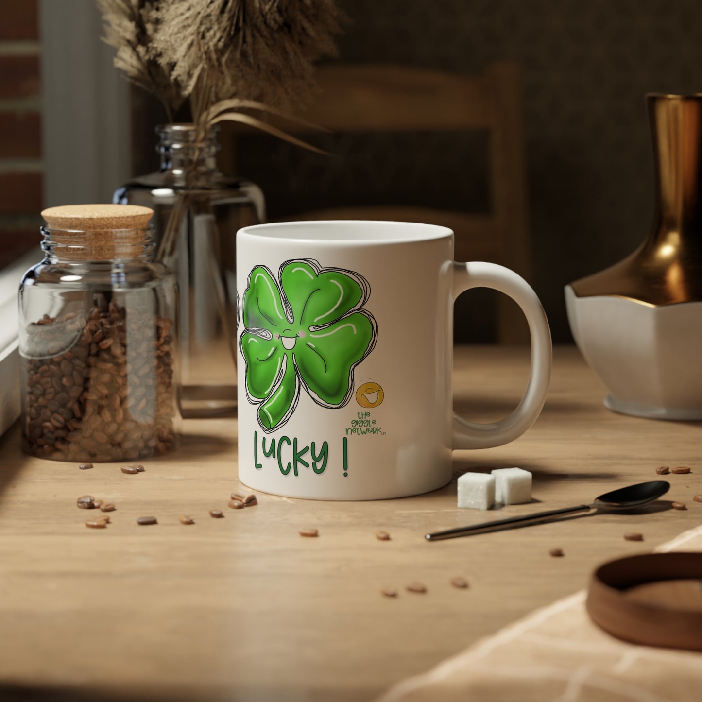 Peace Love and Lucky by The Giggle Network Jumbo Mug, 20oz, St Patrick Day Mug, Clovers Mug, Wear Green and Drink Coffee