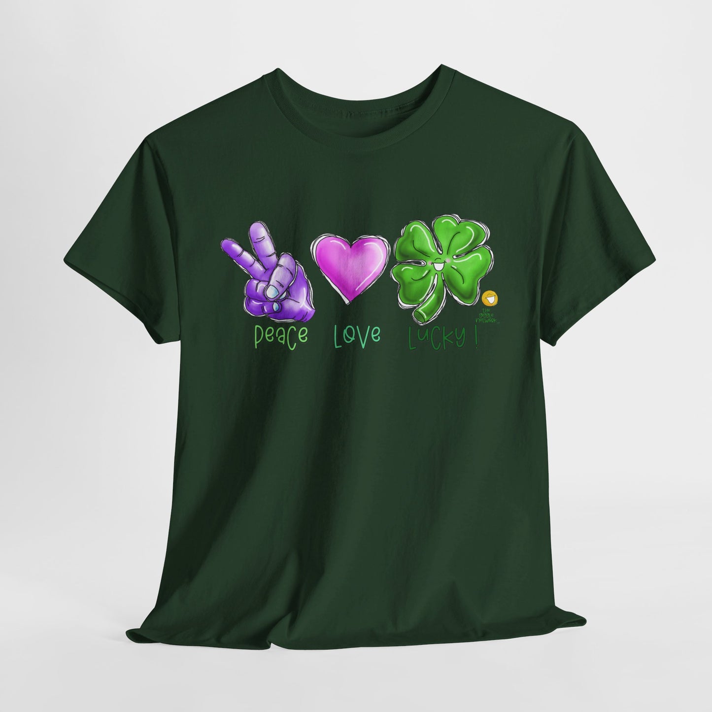 Peace Love and Lucky tshirt, Clovers, St Patricks day tshirt, Peace Love and Lucky by The Giggle Network,All images are Copyrighted by Laurie Repetto and The GIggle Network, and cannot be reproduced without written and dated permission from the artist.