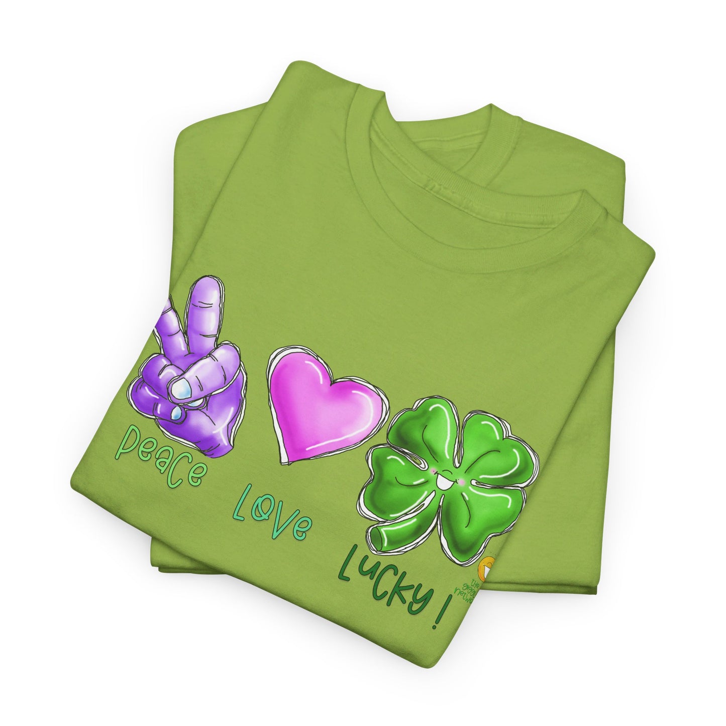 Peace Love and Lucky tshirt, Clovers, St Patricks day tshirt, Peace Love and Lucky by The Giggle Network,All images are Copyrighted by Laurie Repetto and The GIggle Network, and cannot be reproduced without written and dated permission from the artist.