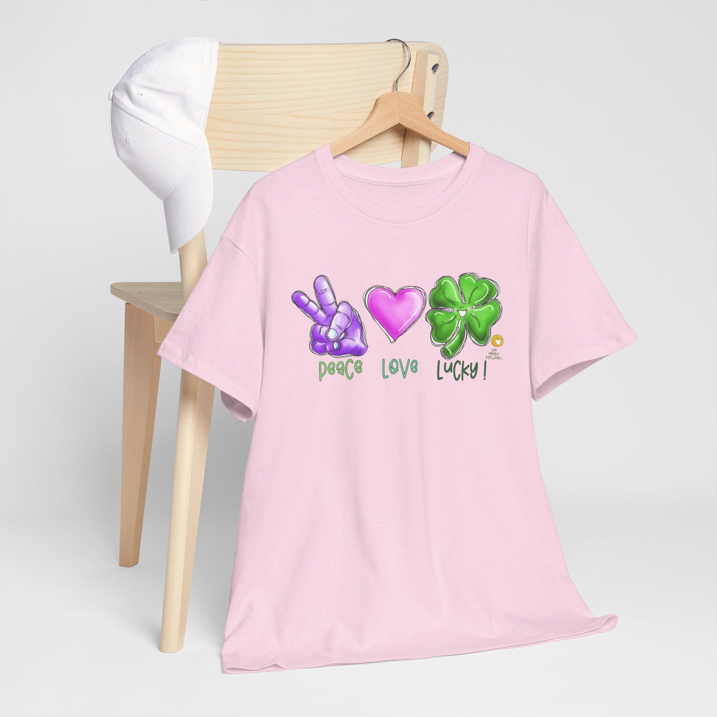 Peace Love and Lucky tshirt, Clovers, St Patricks day tshirt, Peace Love and Lucky by The Giggle Network,All images are Copyrighted by Laurie Repetto and The GIggle Network, and cannot be reproduced without written and dated permission from the artist.