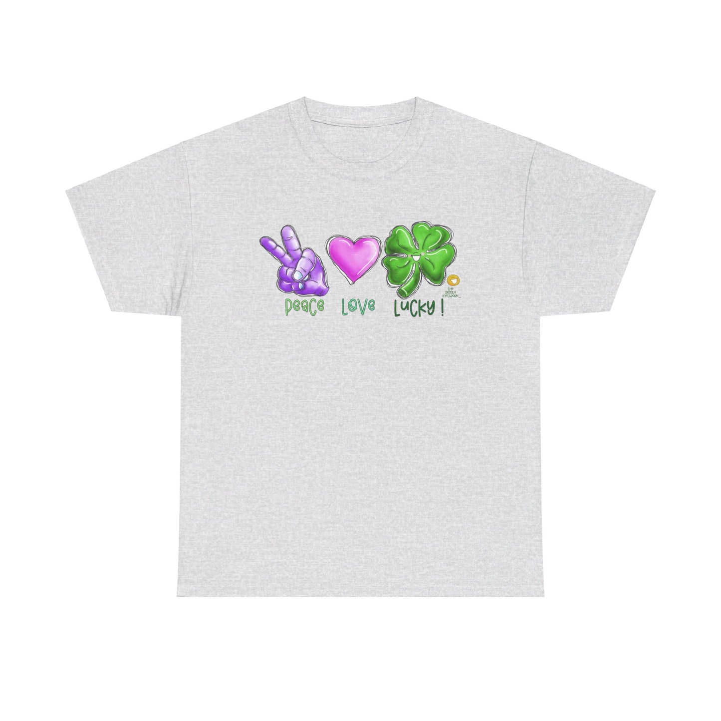 Peace Love and Lucky tshirt, Clovers, St Patricks day tshirt, Peace Love and Lucky by The Giggle Network,All images are Copyrighted by Laurie Repetto and The GIggle Network, and cannot be reproduced without written and dated permission from the artist.