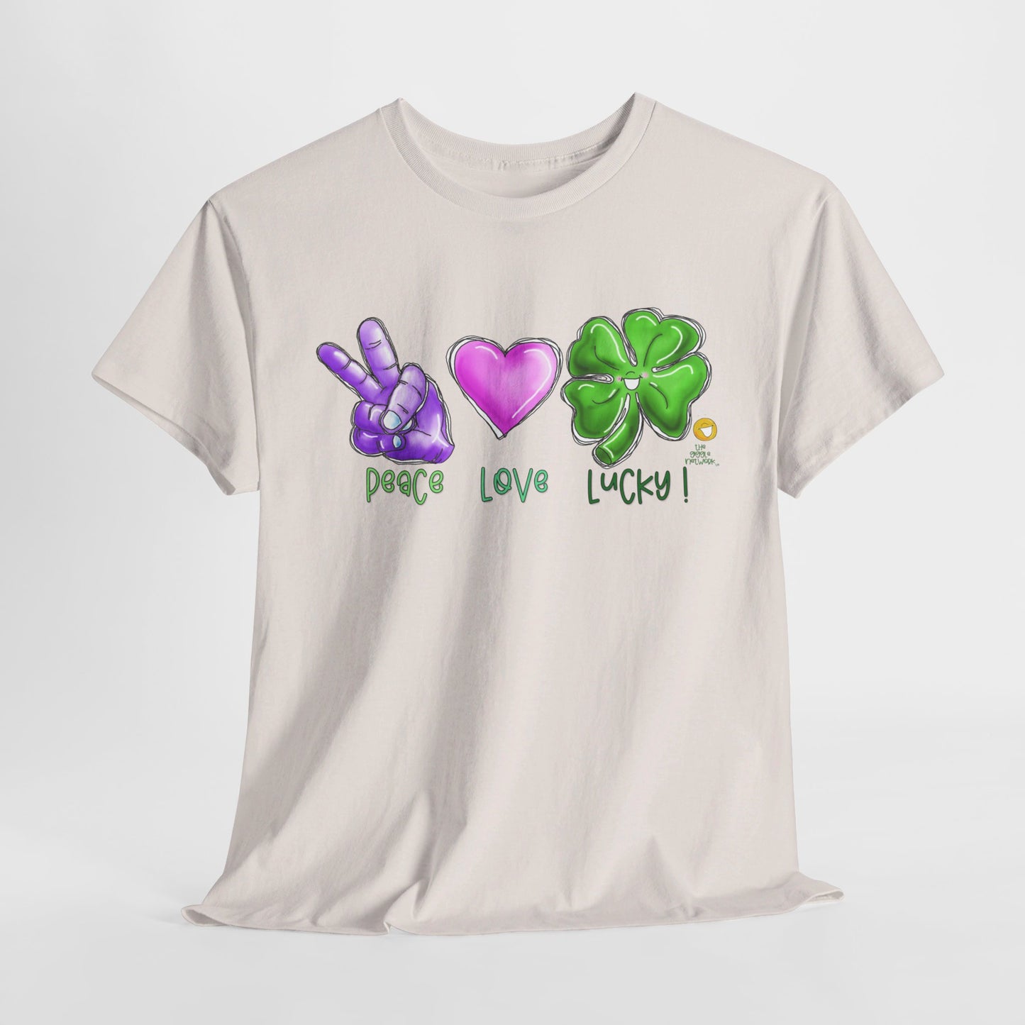 Peace Love and Lucky tshirt, Clovers, St Patricks day tshirt, Peace Love and Lucky by The Giggle Network,All images are Copyrighted by Laurie Repetto and The GIggle Network, and cannot be reproduced without written and dated permission from the artist.