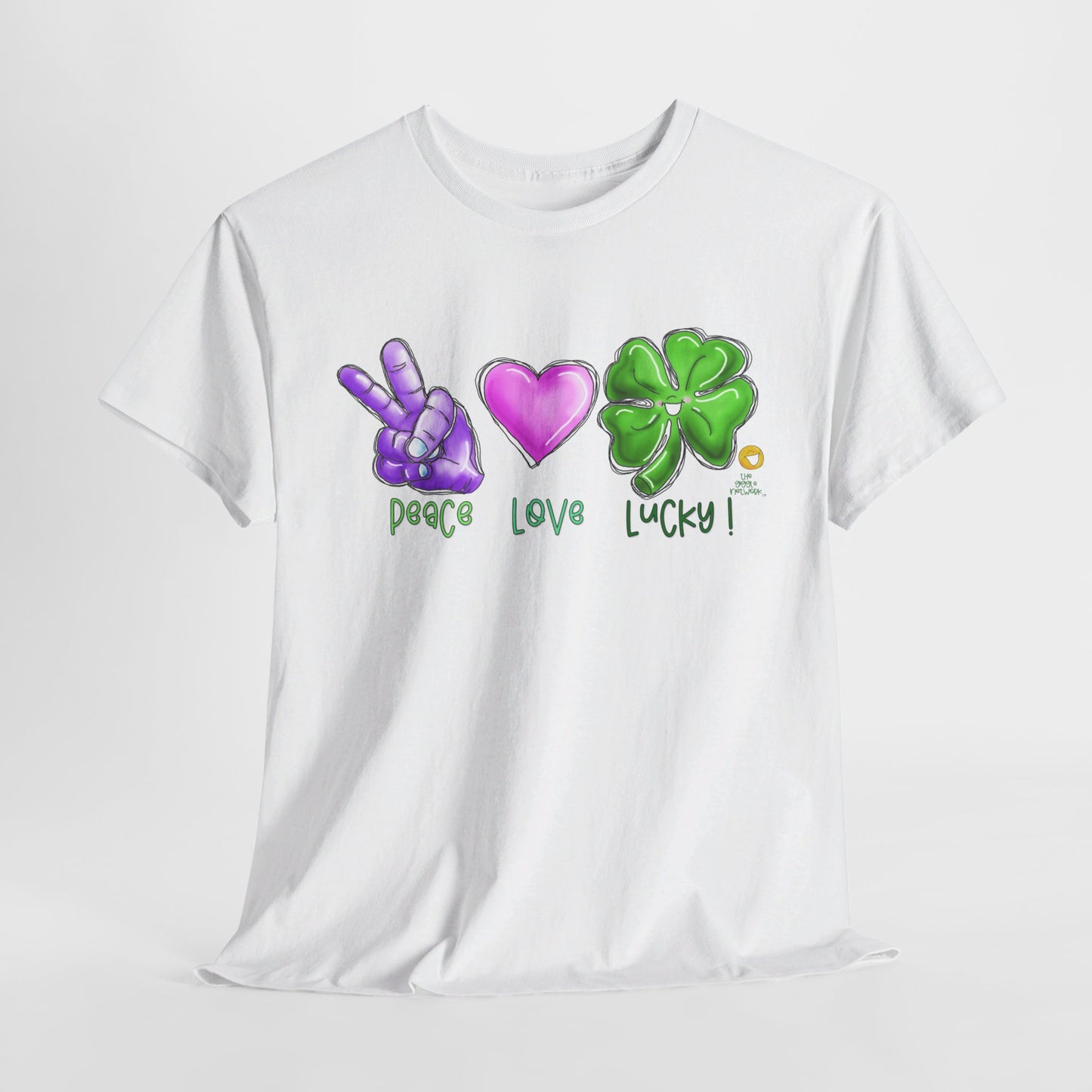 Peace Love and Lucky tshirt, Clovers, St Patricks day tshirt, Peace Love and Lucky by The Giggle Network,All images are Copyrighted by Laurie Repetto and The GIggle Network, and cannot be reproduced without written and dated permission from the artist.