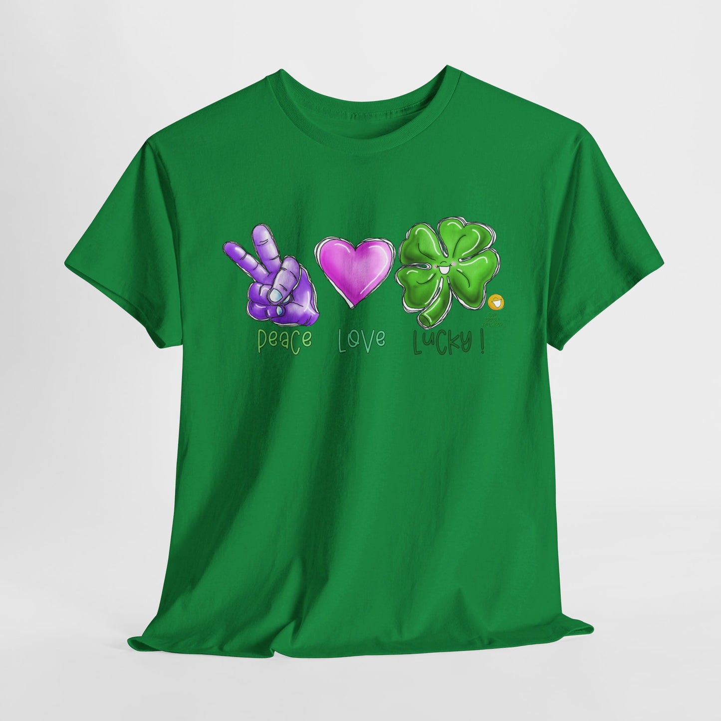 Peace Love and Lucky tshirt, Clovers, St Patricks day tshirt, Peace Love and Lucky by The Giggle Network,All images are Copyrighted by Laurie Repetto and The GIggle Network, and cannot be reproduced without written and dated permission from the artist.
