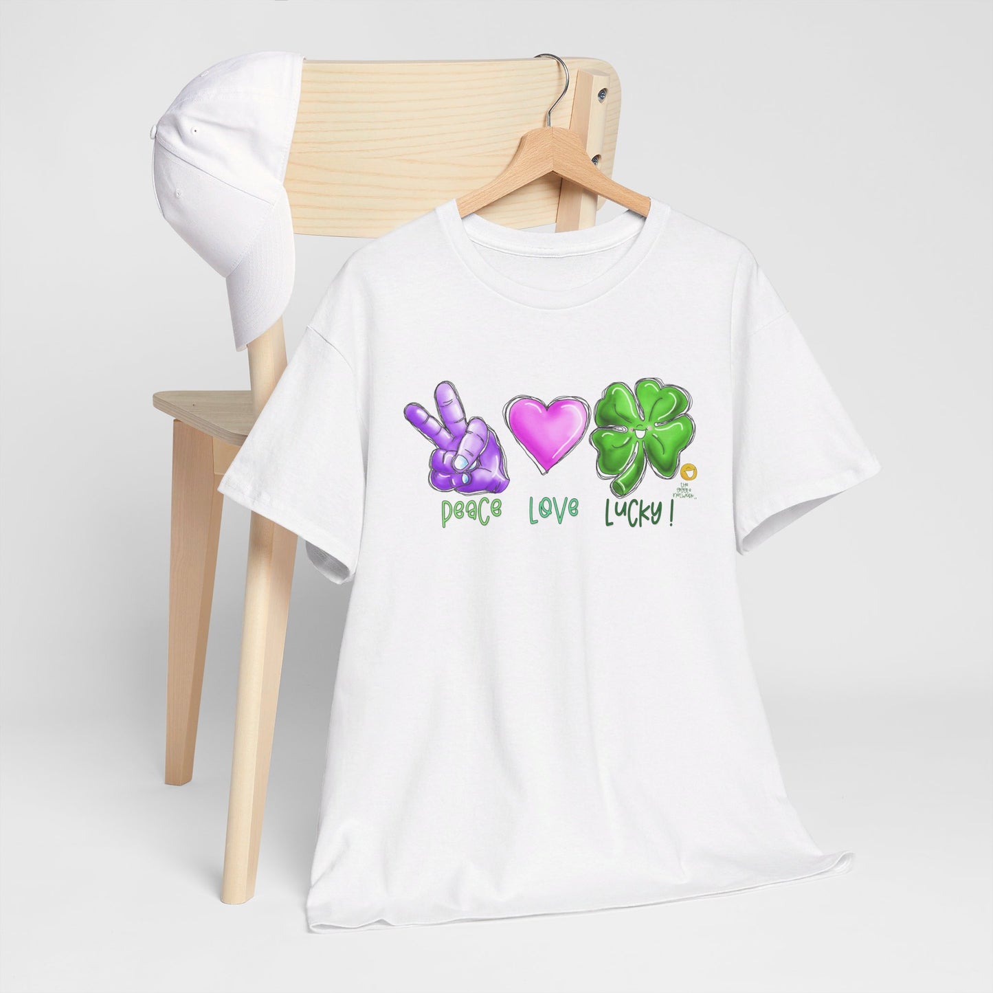 Peace Love and Lucky tshirt, Clovers, St Patricks day tshirt, Peace Love and Lucky by The Giggle Network,All images are Copyrighted by Laurie Repetto and The GIggle Network, and cannot be reproduced without written and dated permission from the artist.
