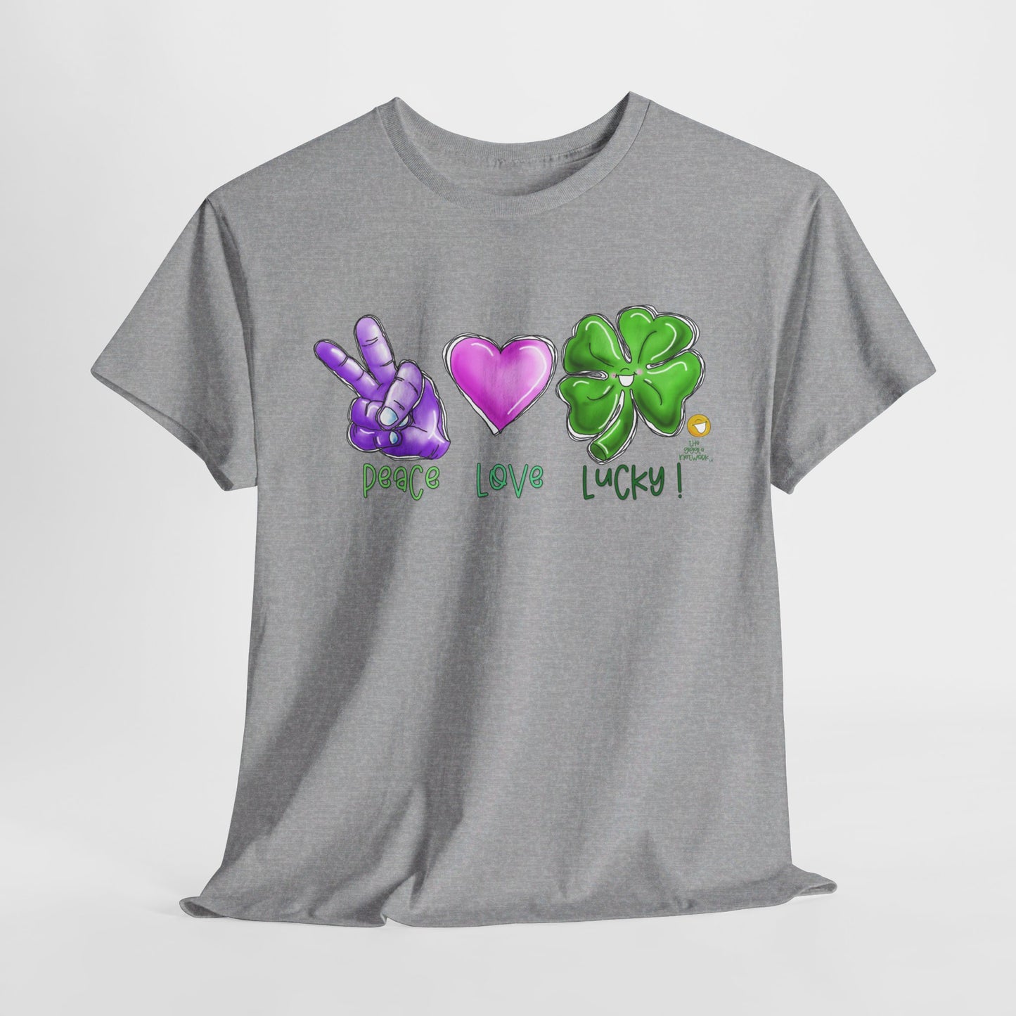 Peace Love and Lucky tshirt, Clovers, St Patricks day tshirt, Peace Love and Lucky by The Giggle Network,All images are Copyrighted by Laurie Repetto and The GIggle Network, and cannot be reproduced without written and dated permission from the artist.