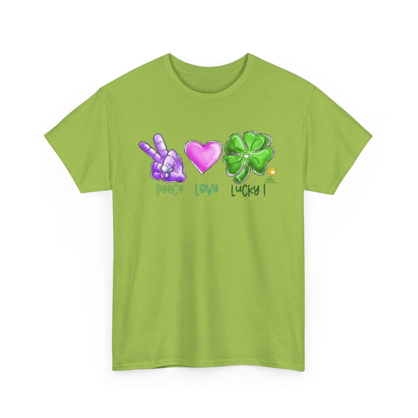 Peace Love and Lucky tshirt, Clovers, St Patricks day tshirt, Peace Love and Lucky by The Giggle Network,All images are Copyrighted by Laurie Repetto and The GIggle Network, and cannot be reproduced without written and dated permission from the artist.