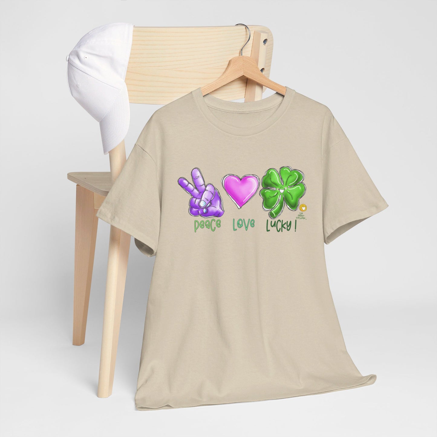 Peace Love and Lucky tshirt, Clovers, St Patricks day tshirt, Peace Love and Lucky by The Giggle Network,All images are Copyrighted by Laurie Repetto and The GIggle Network, and cannot be reproduced without written and dated permission from the artist.