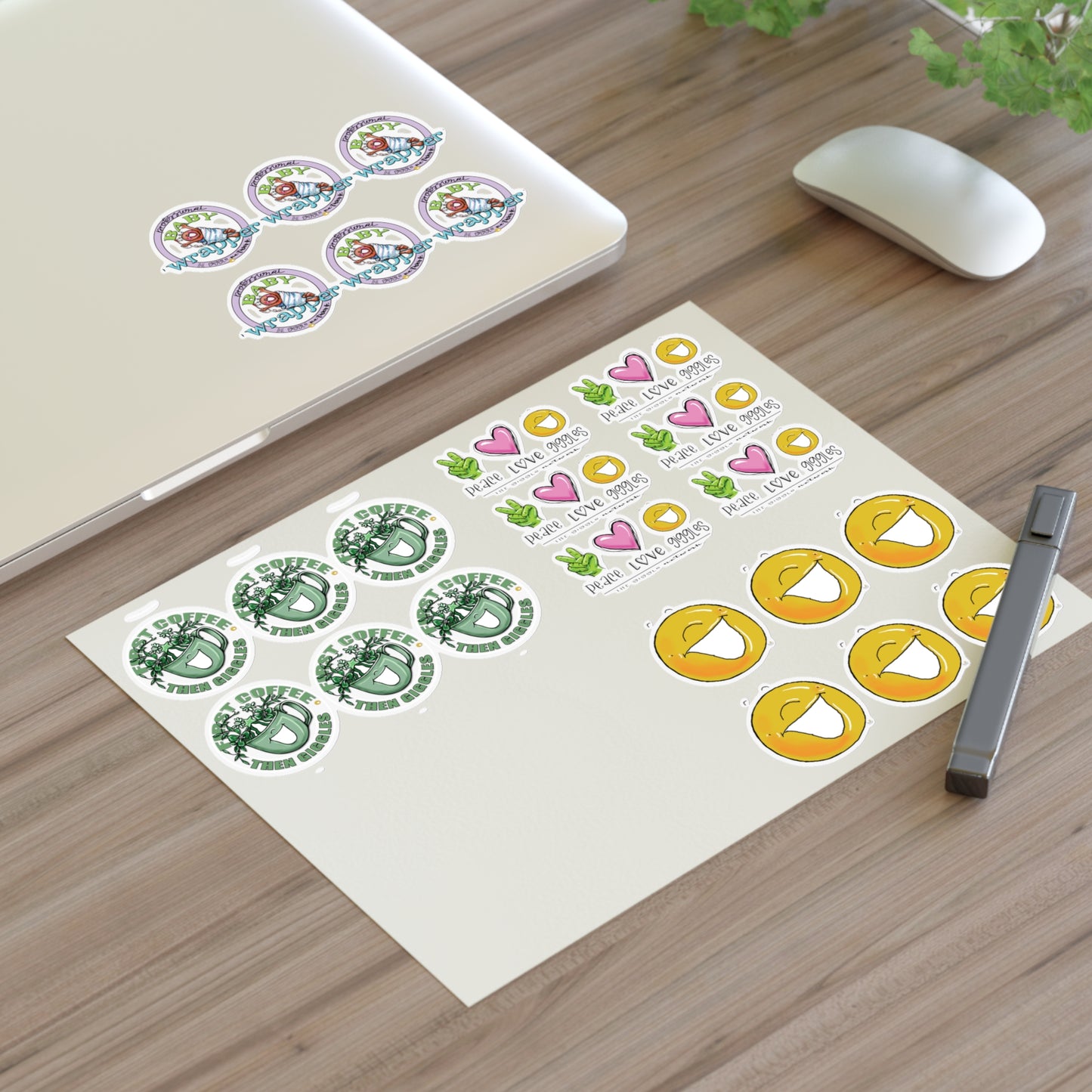 Peace Love Giggle , Coffee, logo, wrapper stickers 8.5 x 11 Sticker Sheets by The Giggle Network