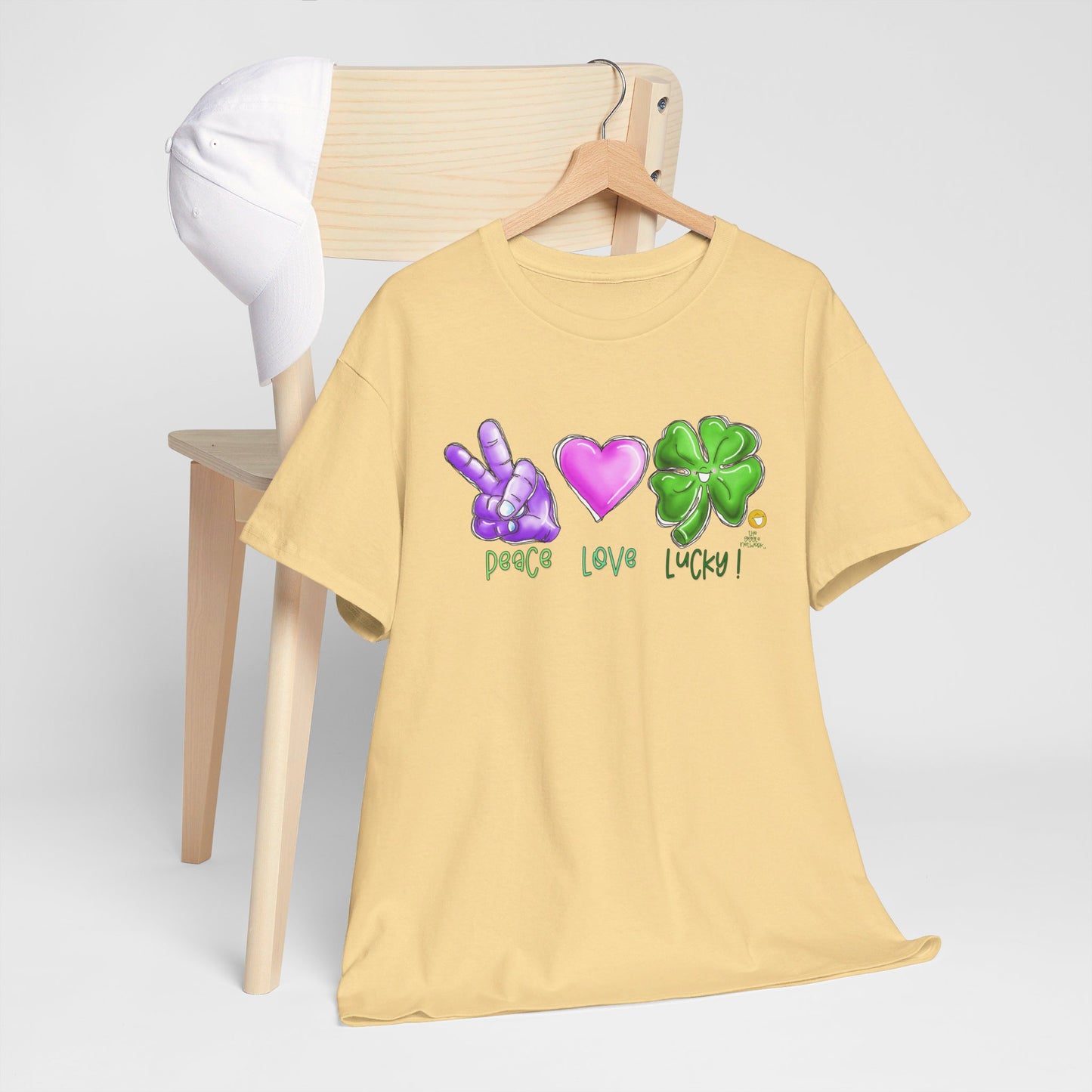 Peace Love and Lucky tshirt, Clovers, St Patricks day tshirt, Peace Love and Lucky by The Giggle Network,All images are Copyrighted by Laurie Repetto and The GIggle Network, and cannot be reproduced without written and dated permission from the artist.