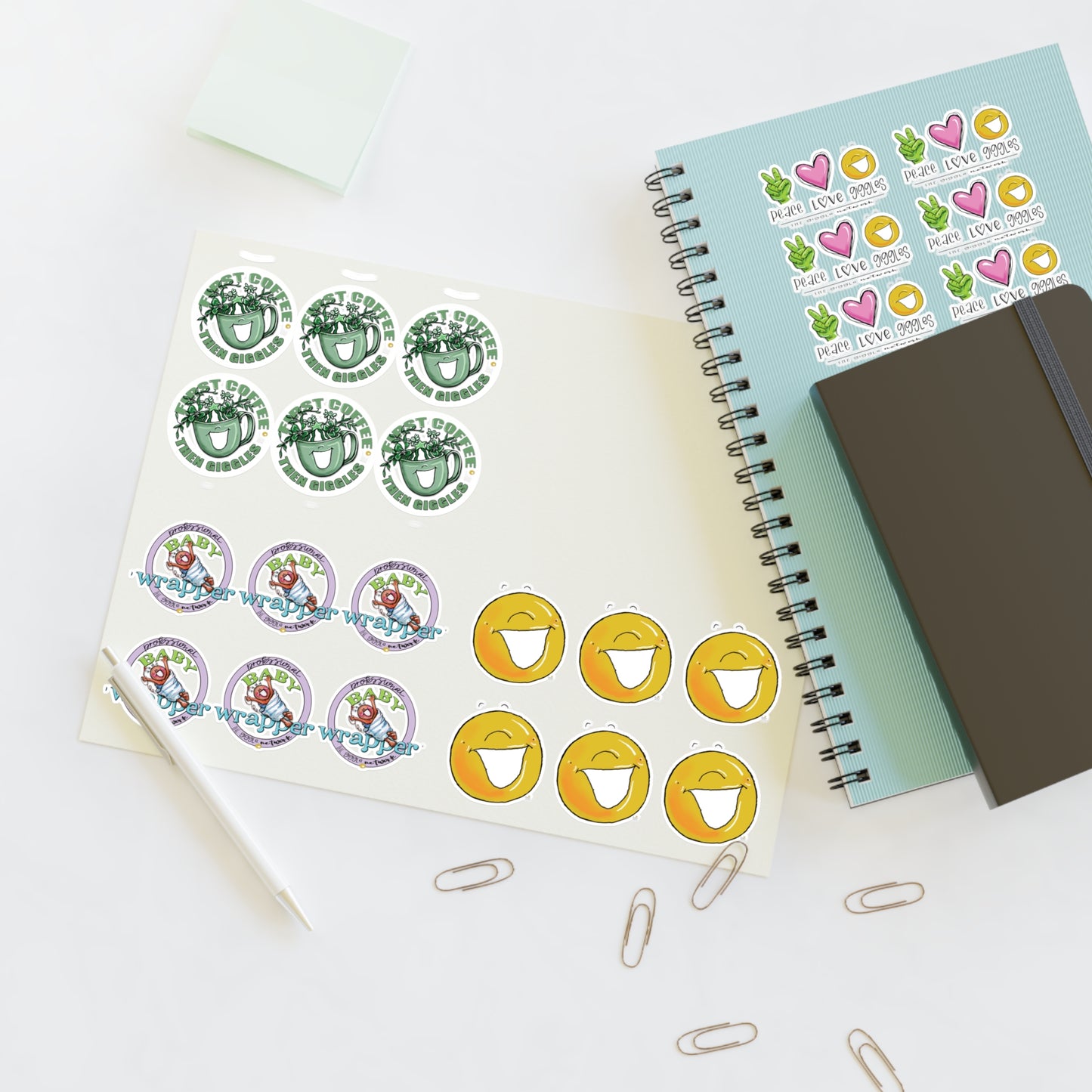 Peace Love Giggle , Coffee, logo, wrapper stickers 8.5 x 11 Sticker Sheets by The Giggle Network
