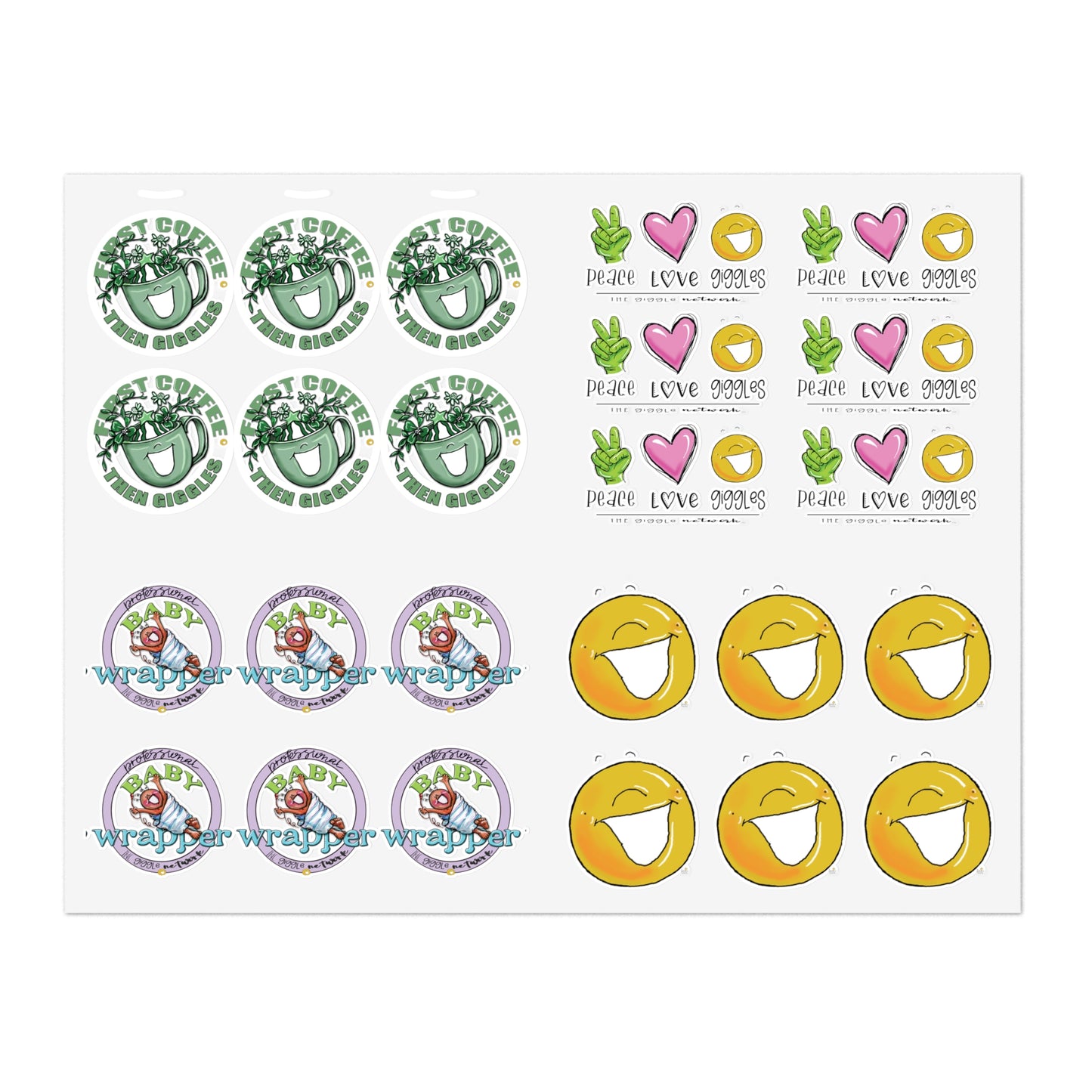 Peace Love Giggle , Coffee, logo, wrapper stickers 8.5 x 11 Sticker Sheets by The Giggle Network