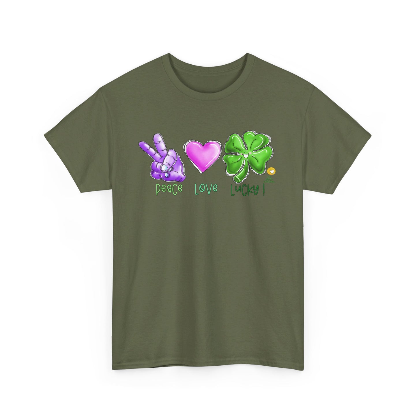 Peace Love and Lucky tshirt, Clovers, St Patricks day tshirt, Peace Love and Lucky by The Giggle Network,All images are Copyrighted by Laurie Repetto and The GIggle Network, and cannot be reproduced without written and dated permission from the artist.