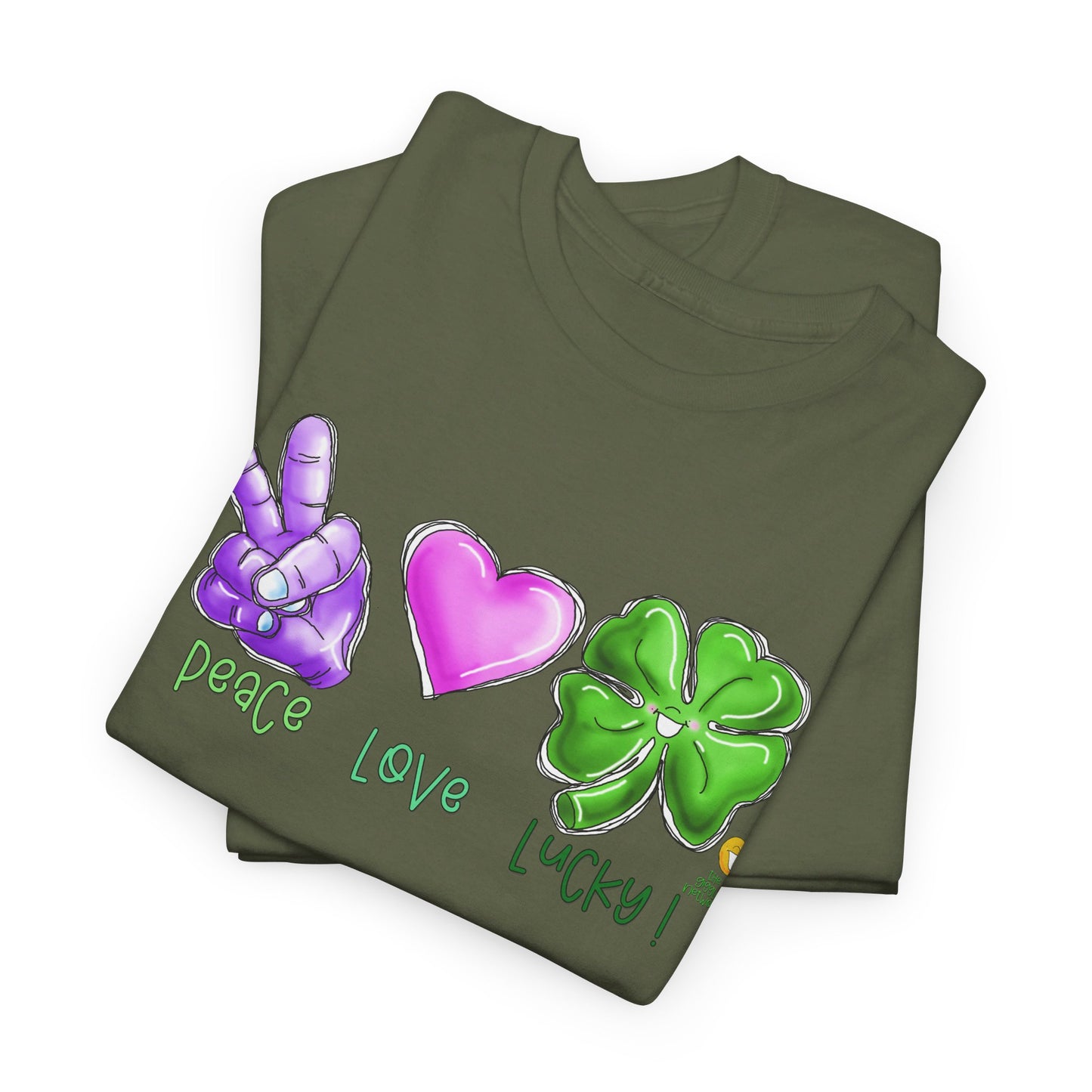 Peace Love and Lucky tshirt, Clovers, St Patricks day tshirt, Peace Love and Lucky by The Giggle Network,All images are Copyrighted by Laurie Repetto and The GIggle Network, and cannot be reproduced without written and dated permission from the artist.