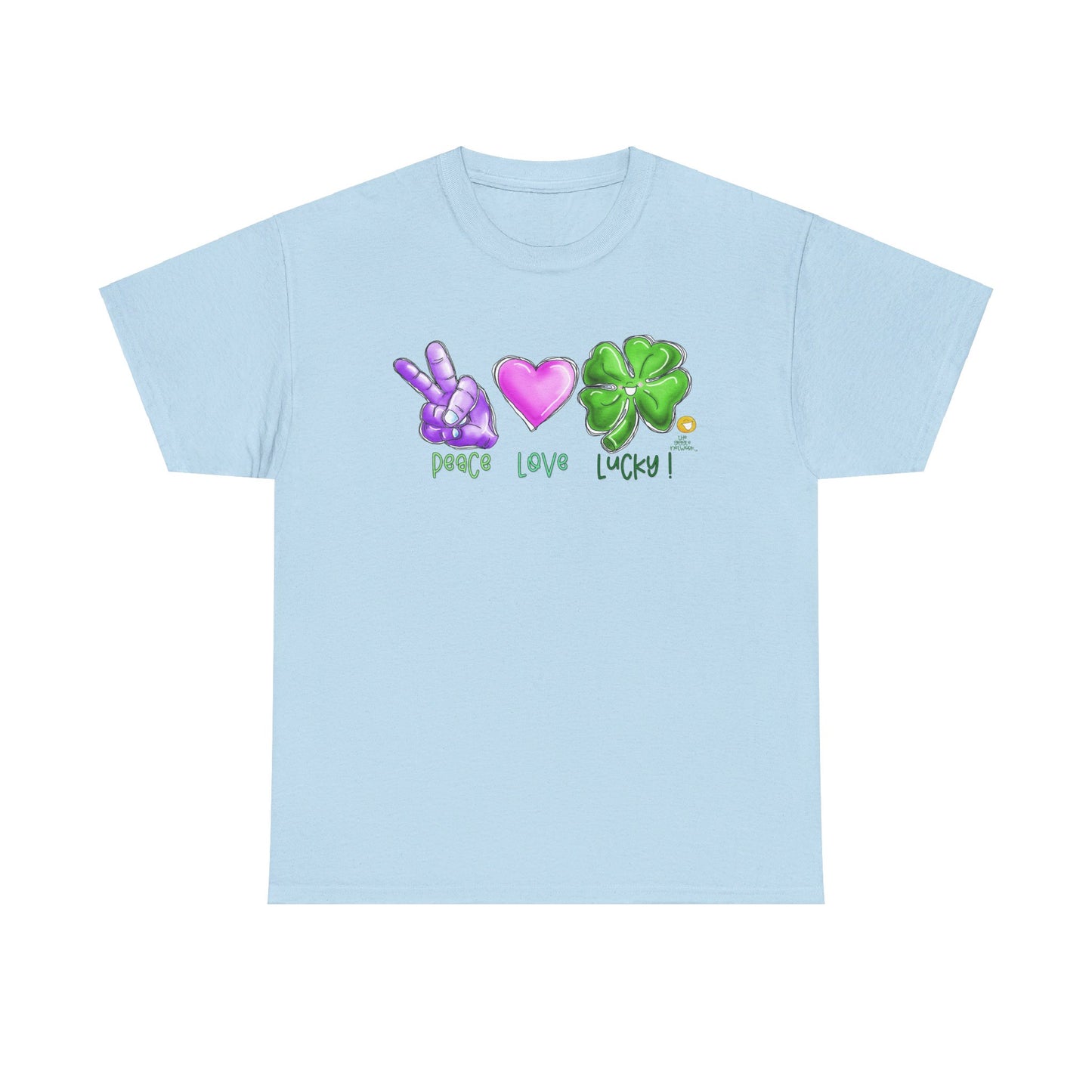 Peace Love and Lucky tshirt, Clovers, St Patricks day tshirt, Peace Love and Lucky by The Giggle Network,All images are Copyrighted by Laurie Repetto and The GIggle Network, and cannot be reproduced without written and dated permission from the artist.