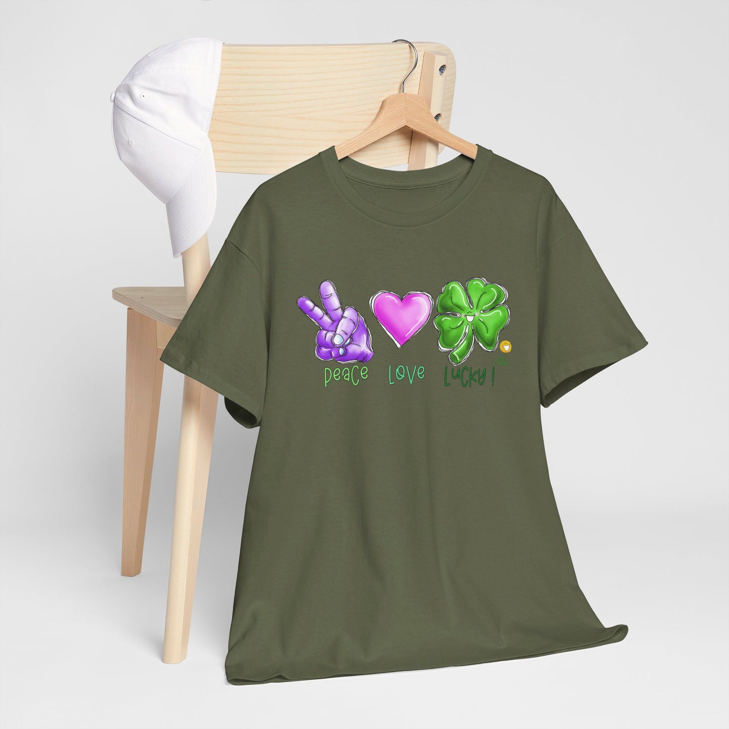 Peace Love and Lucky tshirt, Clovers, St Patricks day tshirt, Peace Love and Lucky by The Giggle Network,All images are Copyrighted by Laurie Repetto and The GIggle Network, and cannot be reproduced without written and dated permission from the artist.