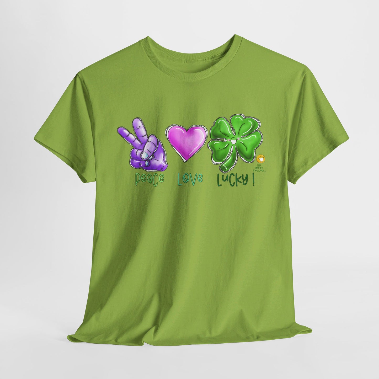 Peace Love and Lucky tshirt, Clovers, St Patricks day tshirt, Peace Love and Lucky by The Giggle Network,All images are Copyrighted by Laurie Repetto and The GIggle Network, and cannot be reproduced without written and dated permission from the artist.