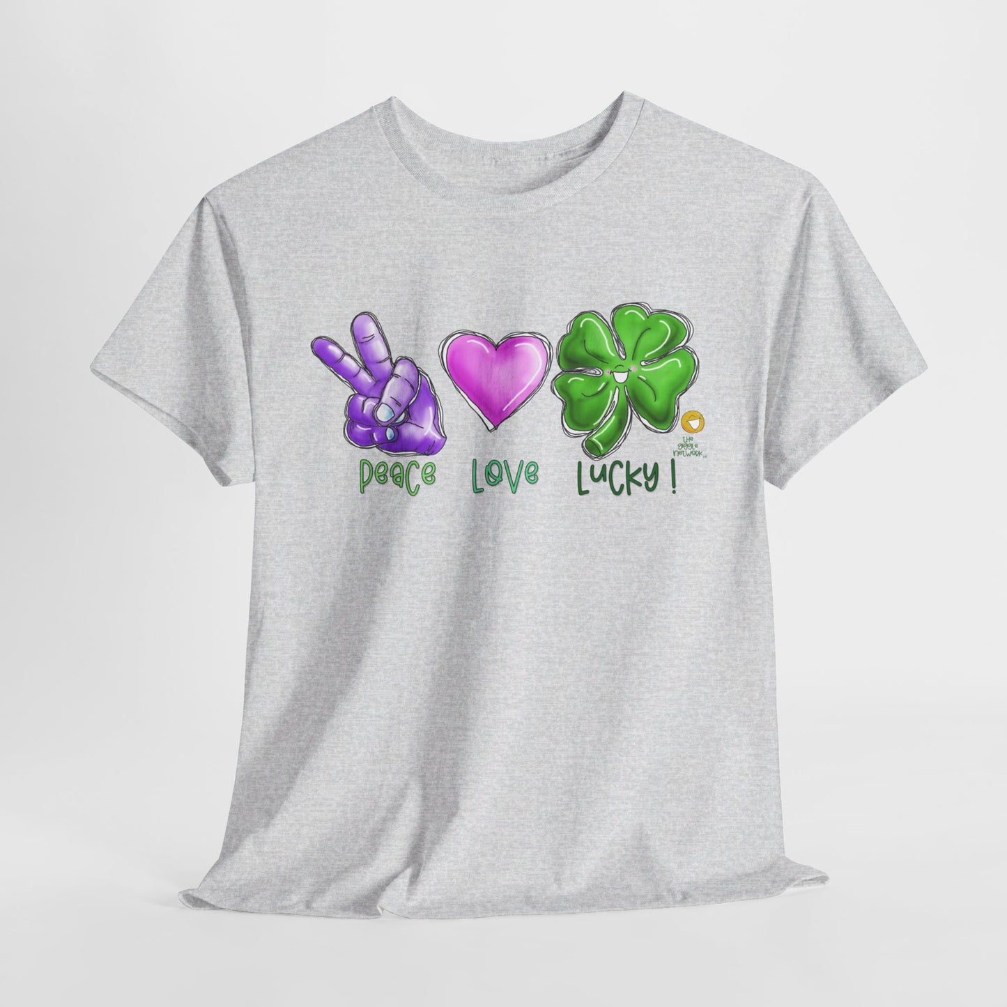 Peace Love and Lucky tshirt, Clovers,  St Patricks day tshirt, Peace Love and Lucky by The Giggle Network,All images are Copyrighted by Laurie Repetto and The GIggle Network, and cannot be reproduced without written and dated permission from the artist.