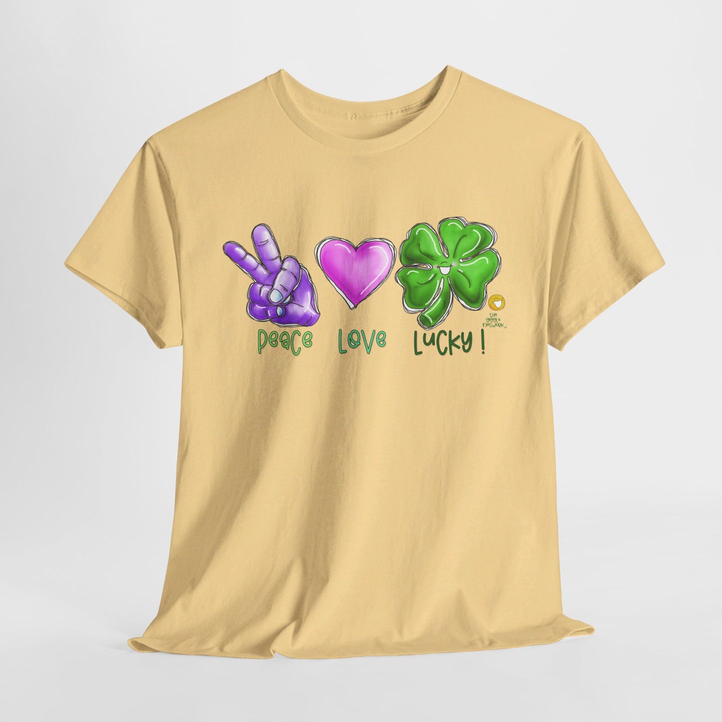 Peace Love and Lucky tshirt, Clovers,  St Patricks day tshirt, Peace Love and Lucky by The Giggle Network,All images are Copyrighted by Laurie Repetto and The GIggle Network, and cannot be reproduced without written and dated permission from the artist.