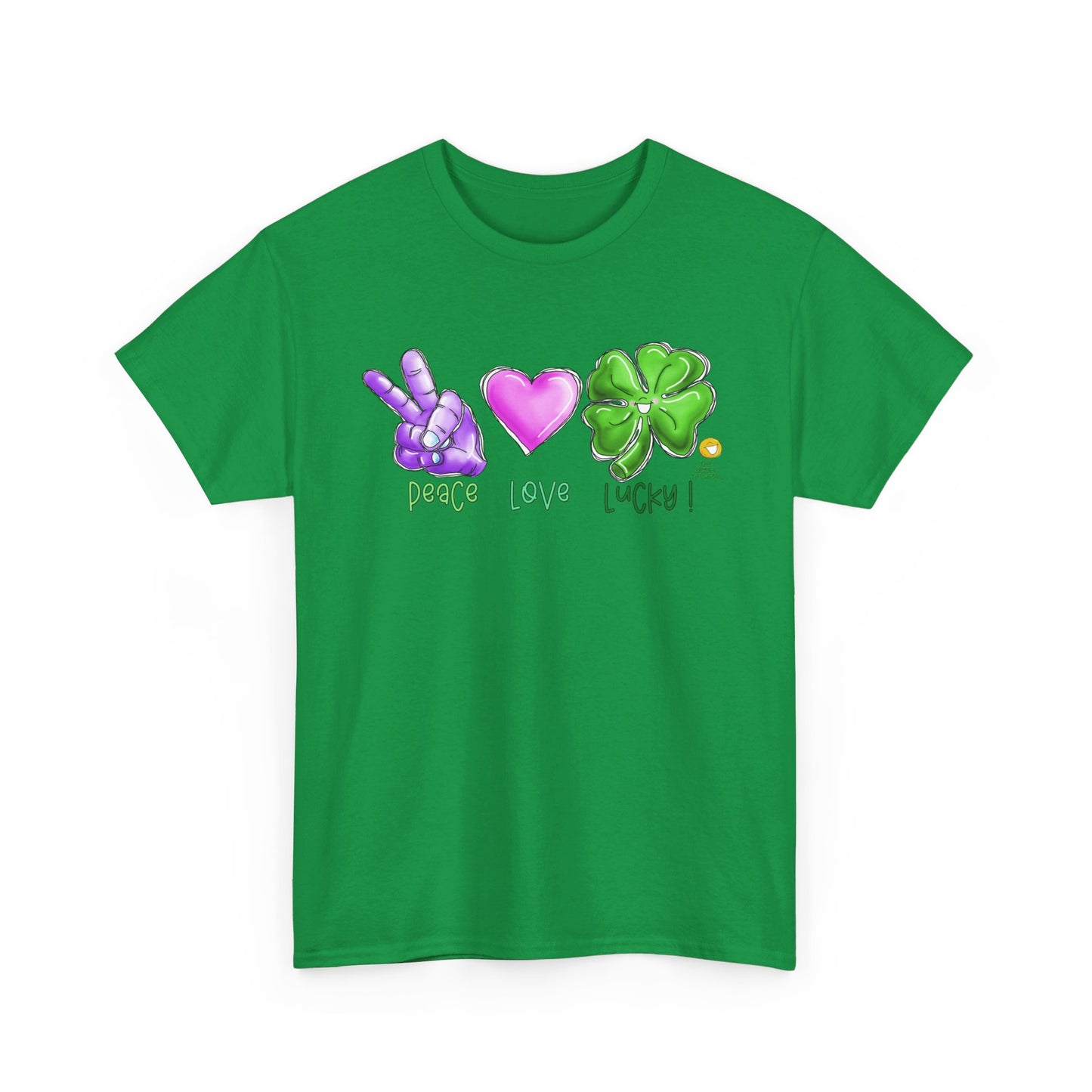 Peace Love and Lucky tshirt, Clovers,  St Patricks day tshirt, Peace Love and Lucky by The Giggle Network,All images are Copyrighted by Laurie Repetto and The GIggle Network, and cannot be reproduced without written and dated permission from the artist.