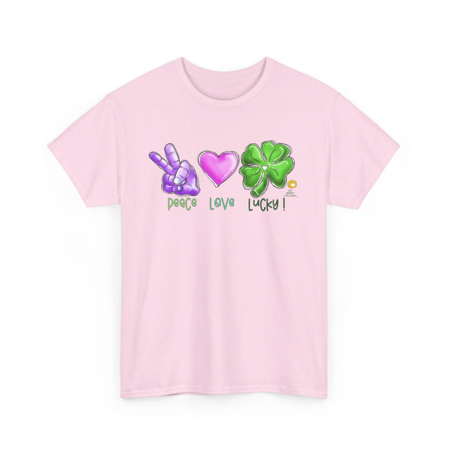 Peace Love and Lucky tshirt, Clovers,  St Patricks day tshirt, Peace Love and Lucky by The Giggle Network,All images are Copyrighted by Laurie Repetto and The GIggle Network, and cannot be reproduced without written and dated permission from the artist.