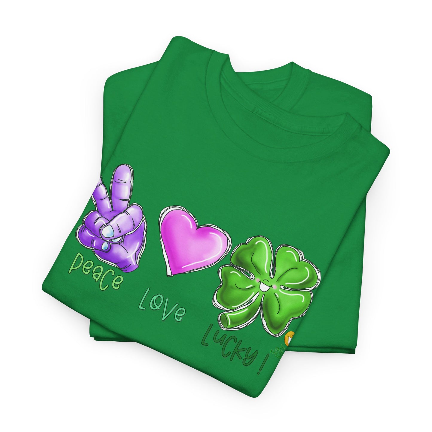 Peace Love and Lucky tshirt, Clovers,  St Patricks day tshirt, Peace Love and Lucky by The Giggle Network,All images are Copyrighted by Laurie Repetto and The GIggle Network, and cannot be reproduced without written and dated permission from the artist.