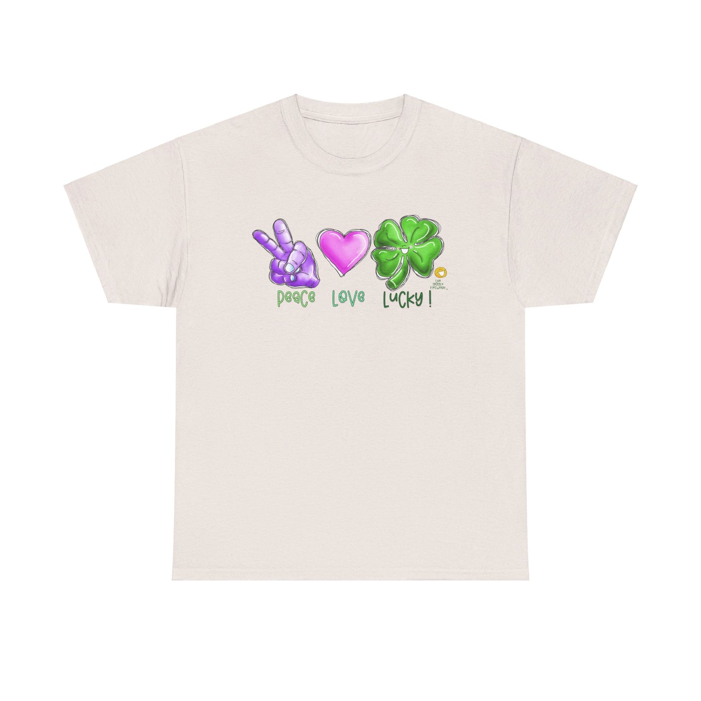 Peace Love and Lucky tshirt, Clovers,  St Patricks day tshirt, Peace Love and Lucky by The Giggle Network,All images are Copyrighted by Laurie Repetto and The GIggle Network, and cannot be reproduced without written and dated permission from the artist.