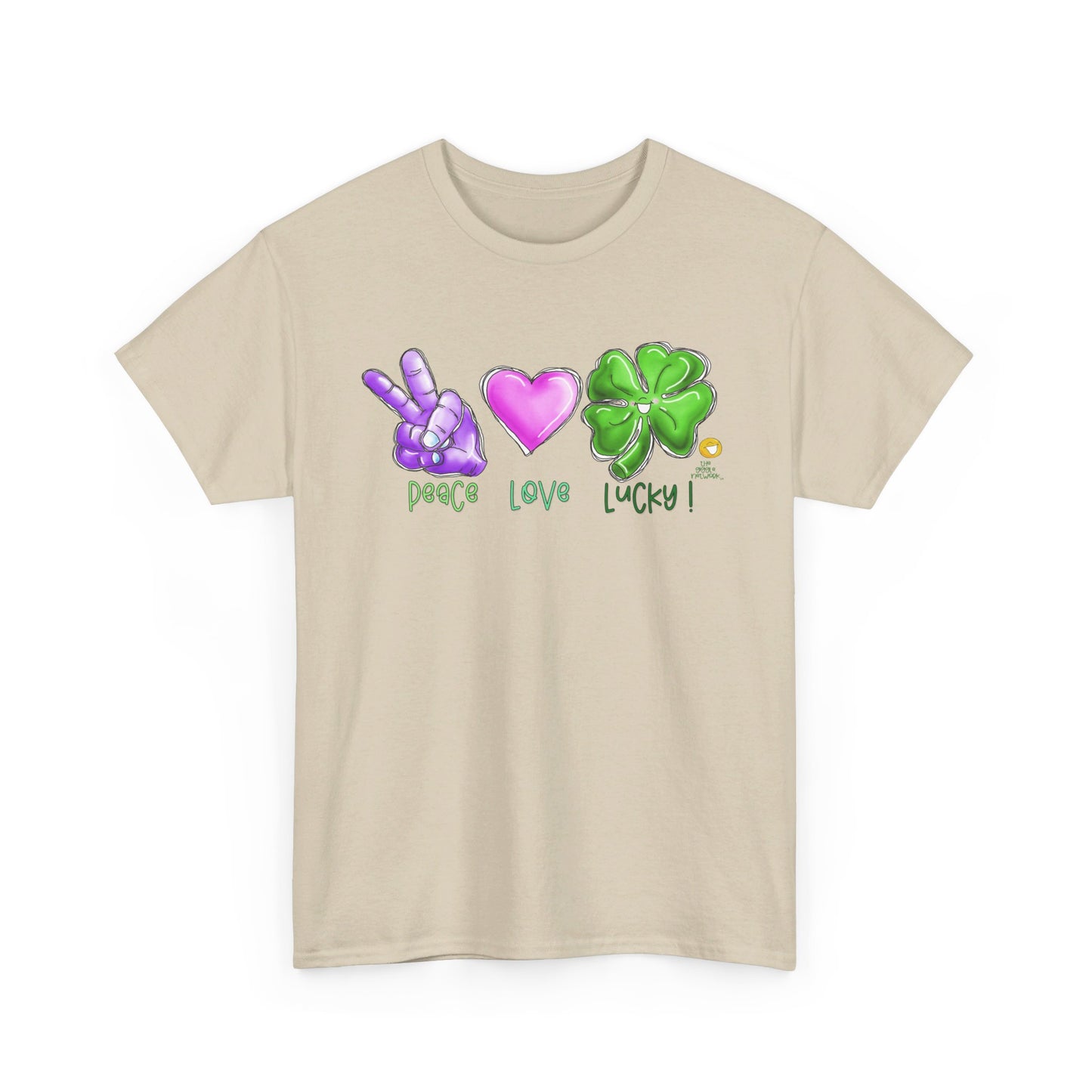 Peace Love and Lucky tshirt, Clovers,  St Patricks day tshirt, Peace Love and Lucky by The Giggle Network,All images are Copyrighted by Laurie Repetto and The GIggle Network, and cannot be reproduced without written and dated permission from the artist.