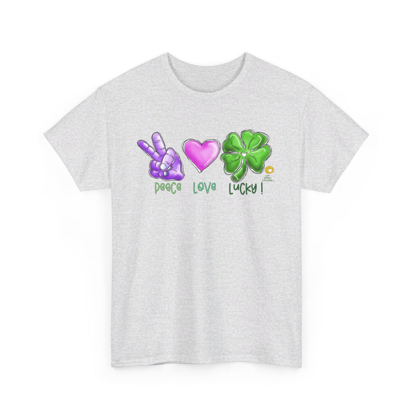 Peace Love and Lucky tshirt, Clovers,  St Patricks day tshirt, Peace Love and Lucky by The Giggle Network,All images are Copyrighted by Laurie Repetto and The GIggle Network, and cannot be reproduced without written and dated permission from the artist.